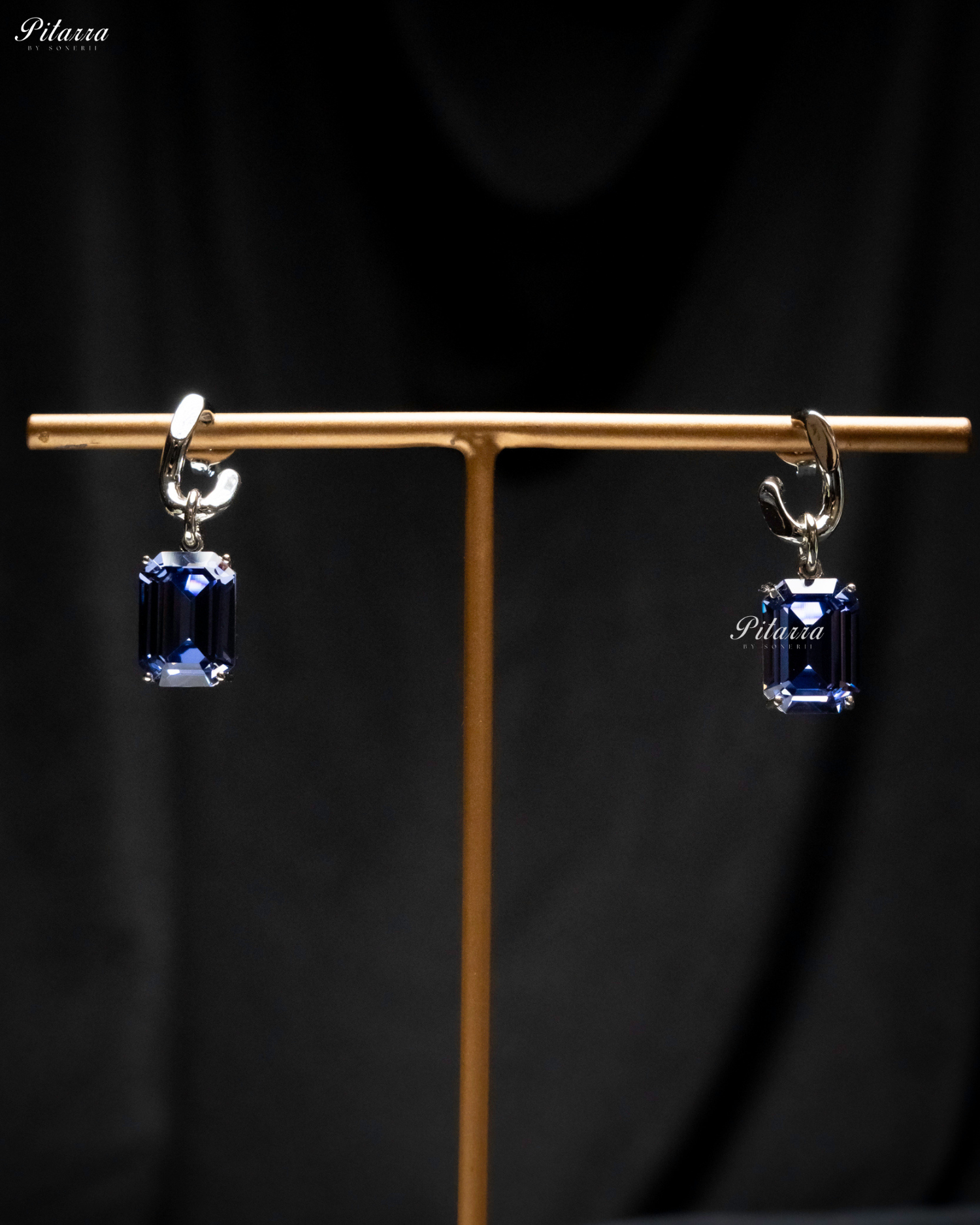 Blue Stone Rectangukar Zircon Silver Crystal Earrings