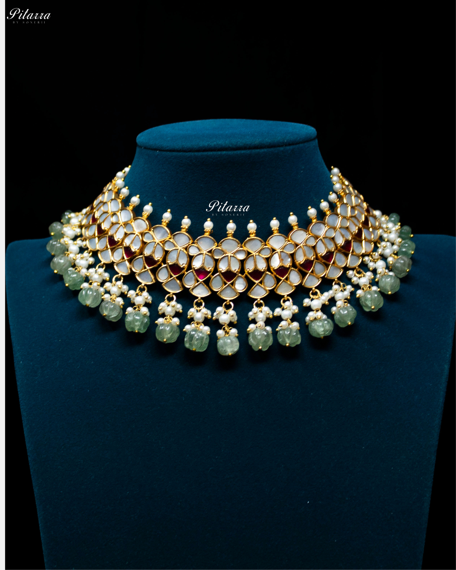 Green Beads Pink Line Traditional Kundan Choker Set