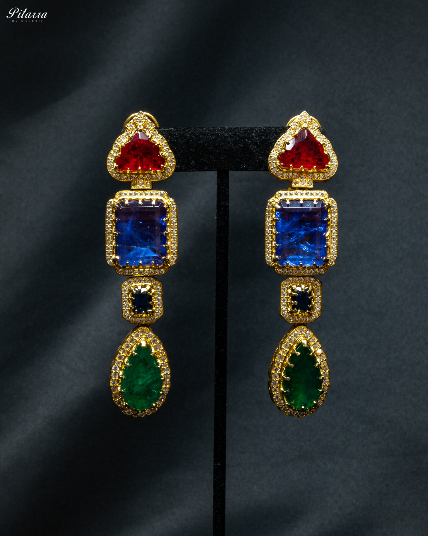 Blue and Green Stone Long Doublet Earrings