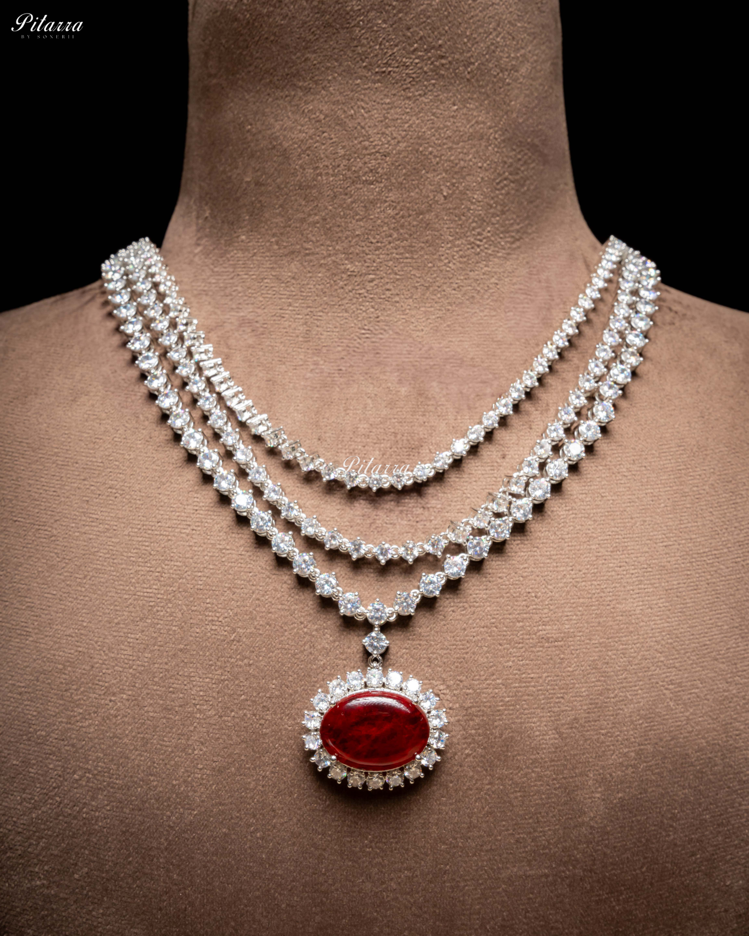 Ruby Red Stone Cubic Zirconia Silver Necklace Set