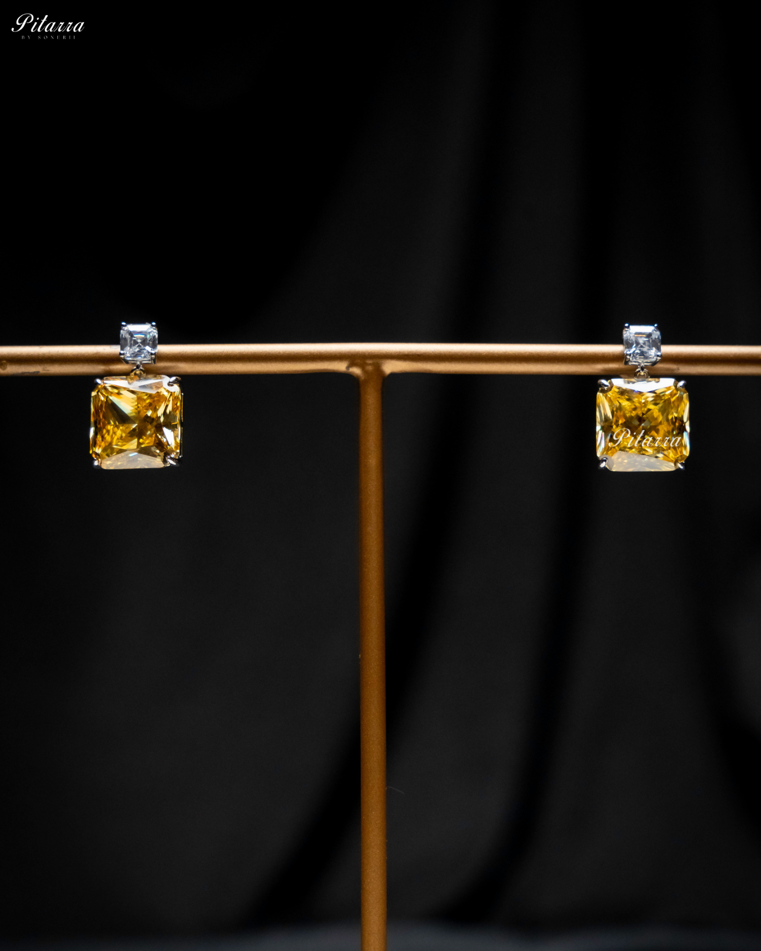 Yellow Studded Square Cubic Zirconia 92.5 Silver Studs Earrings