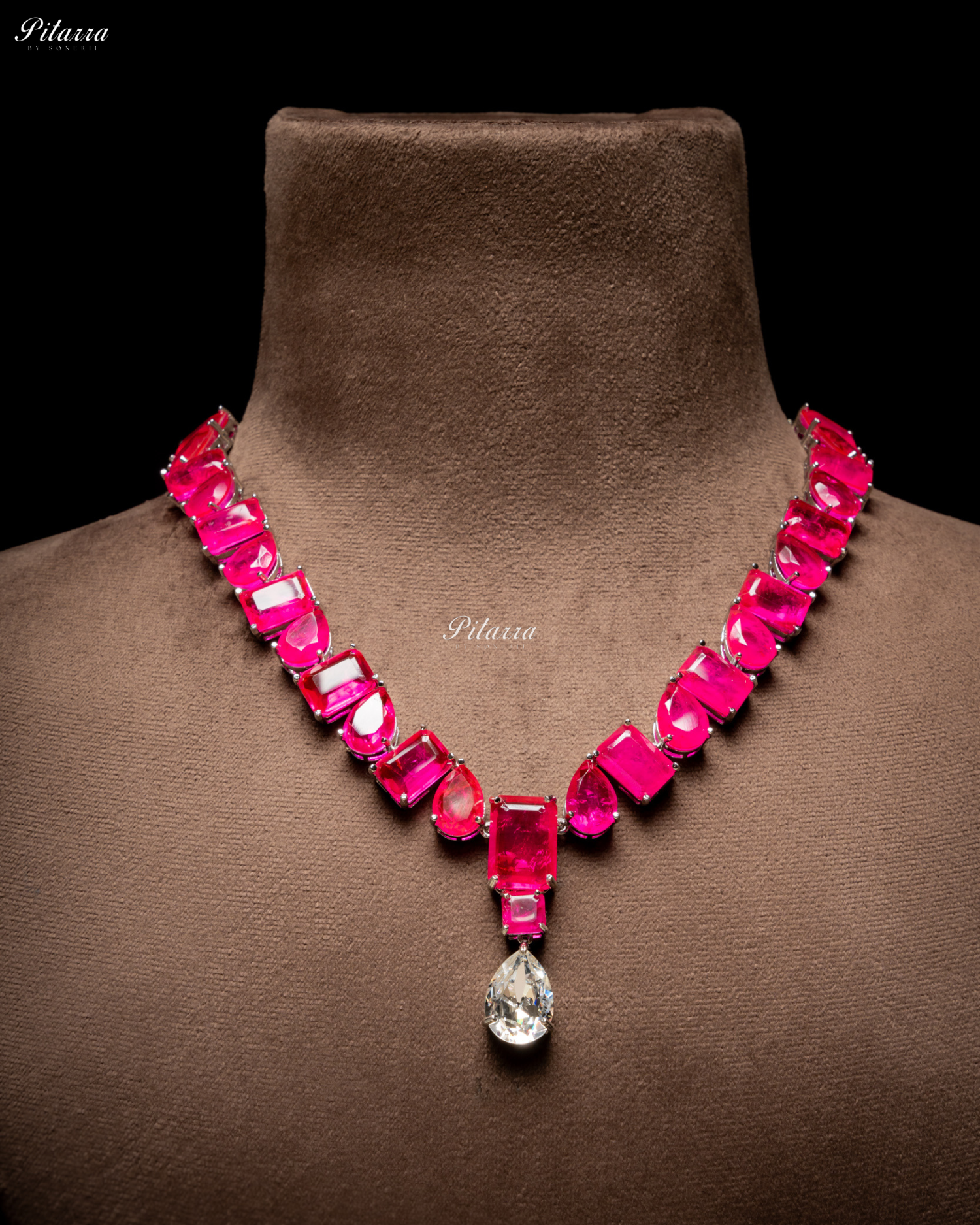 Pink Square and Drop Crystal Necklace Set