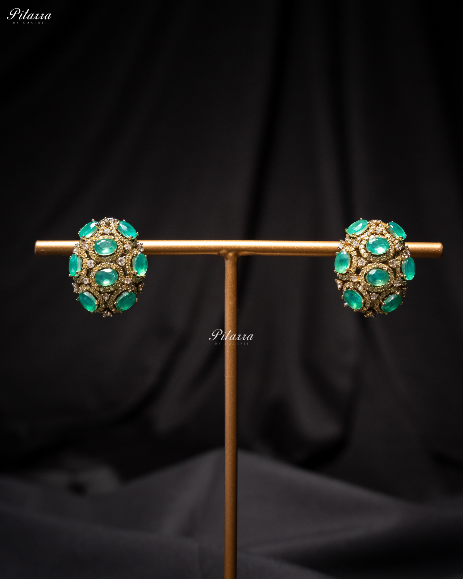 Green Stone Golden Crystal Stud Earrings