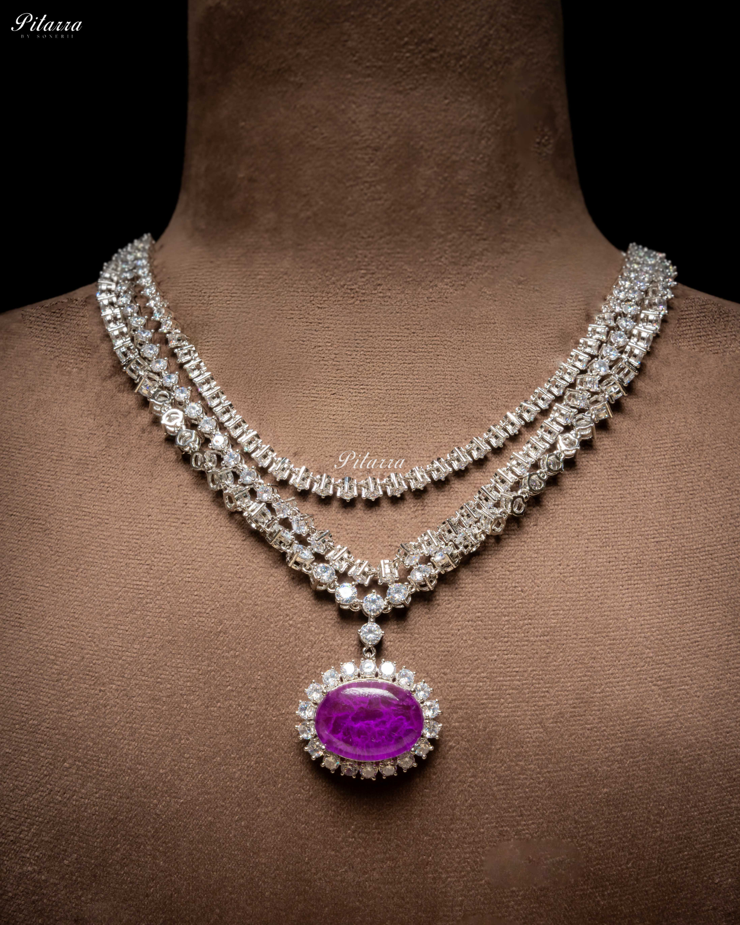 Purple Stone Cubic Zirconia Silver Necklace Set