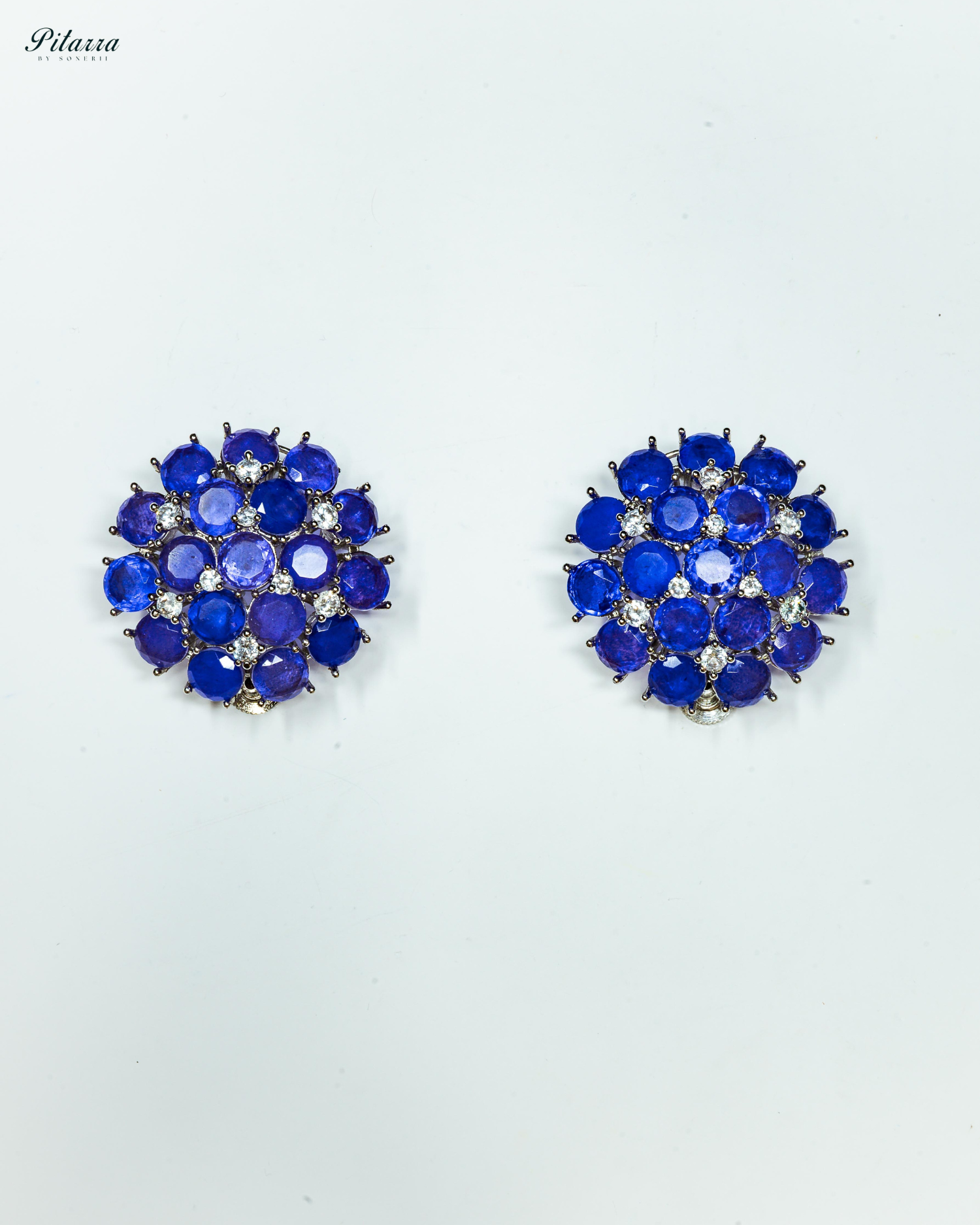 Blue Stone Silver Crystal Stud Earrings