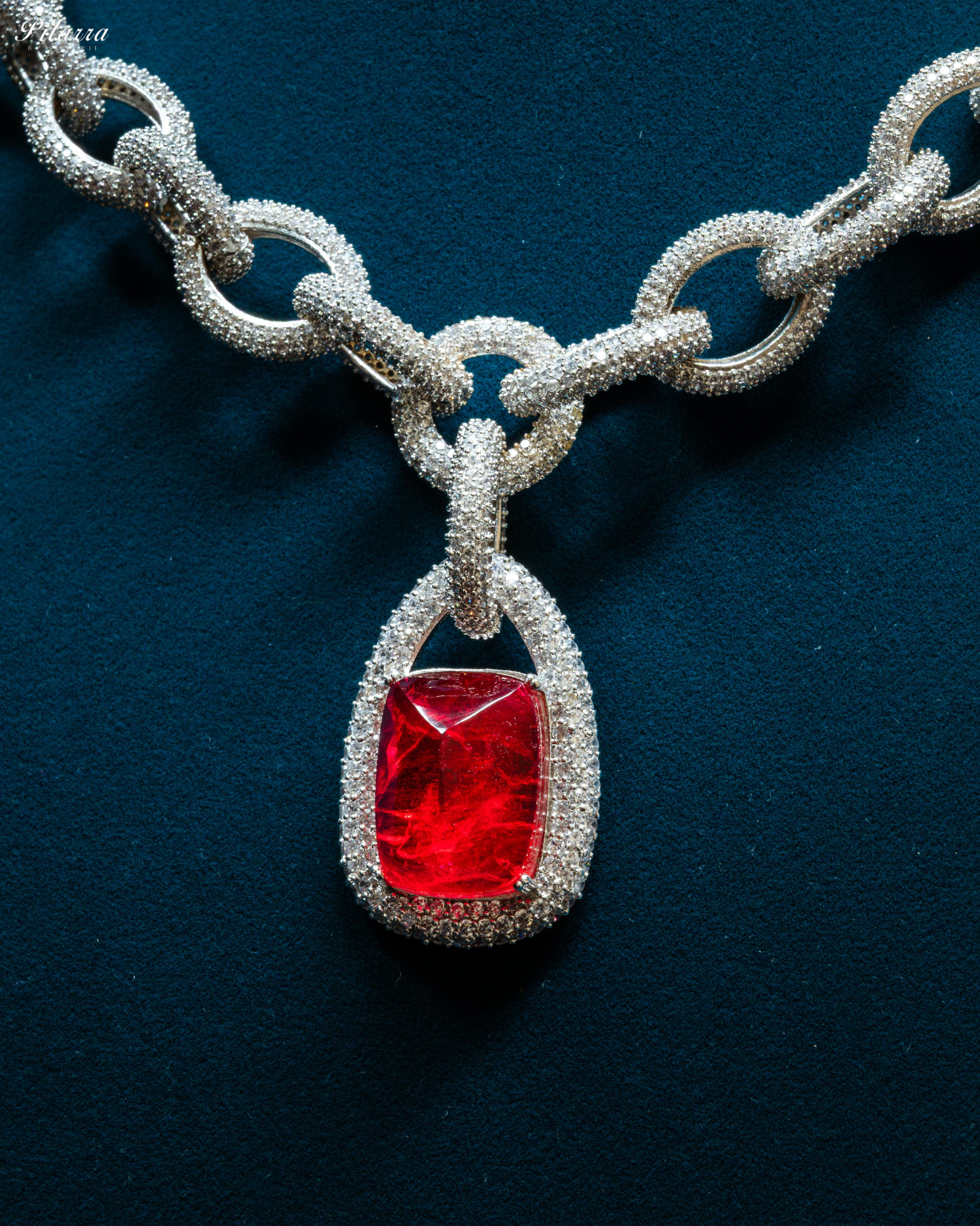 Red Stone Silver Chain CZ Necklace Set