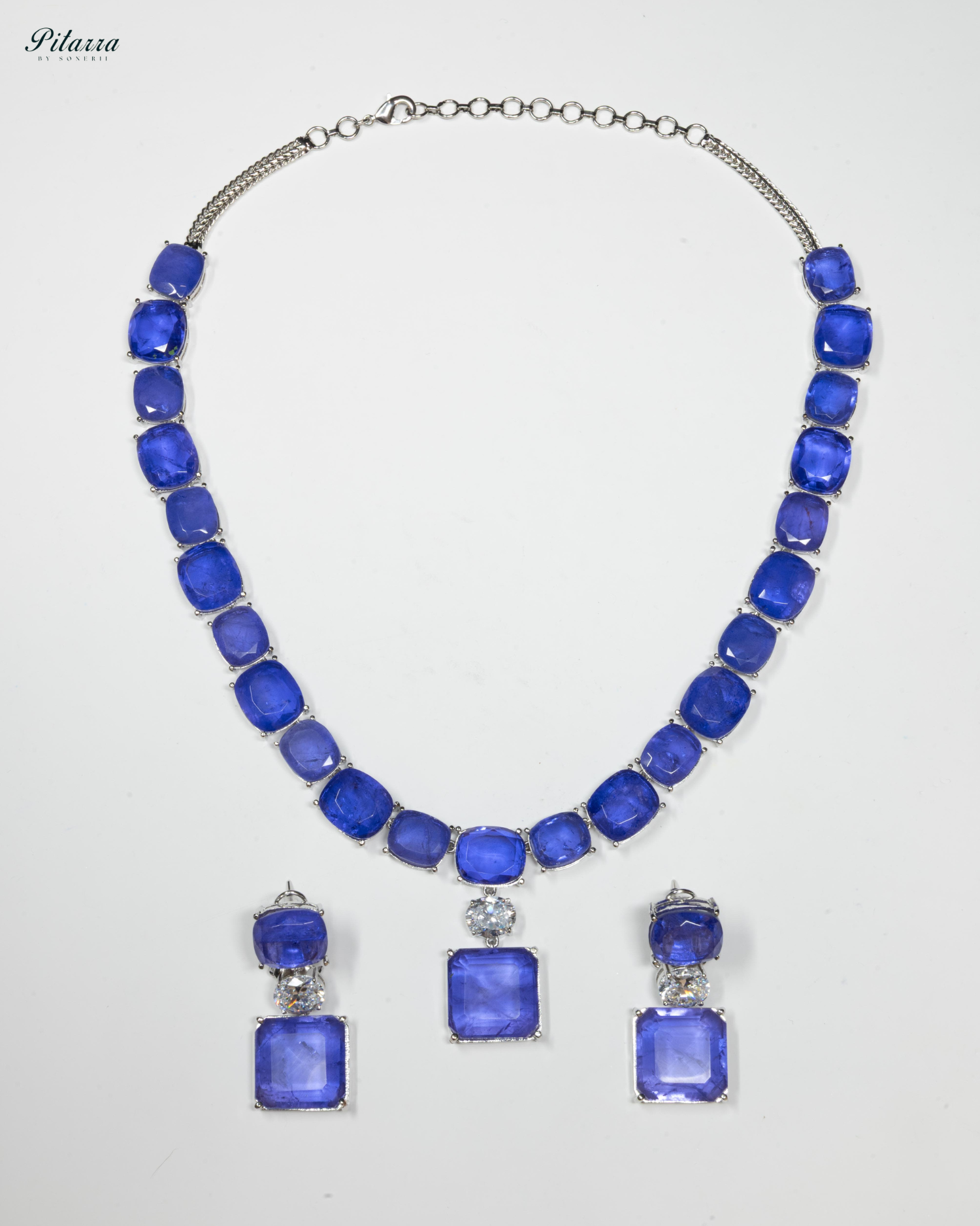 Silver Finish Blue Square Crystal Necklace Set