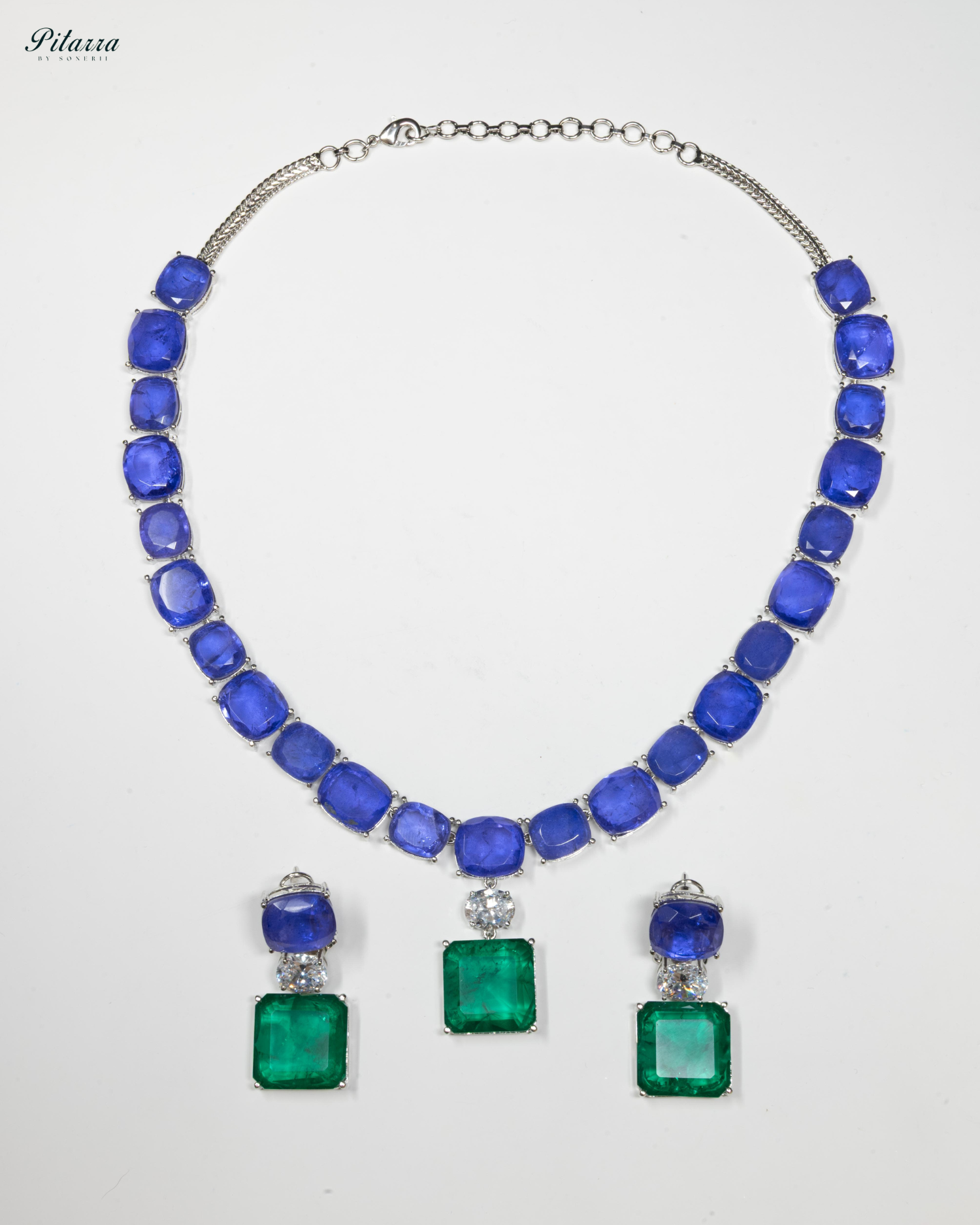 Silver Finish Emerald Square Crystal Necklace Set