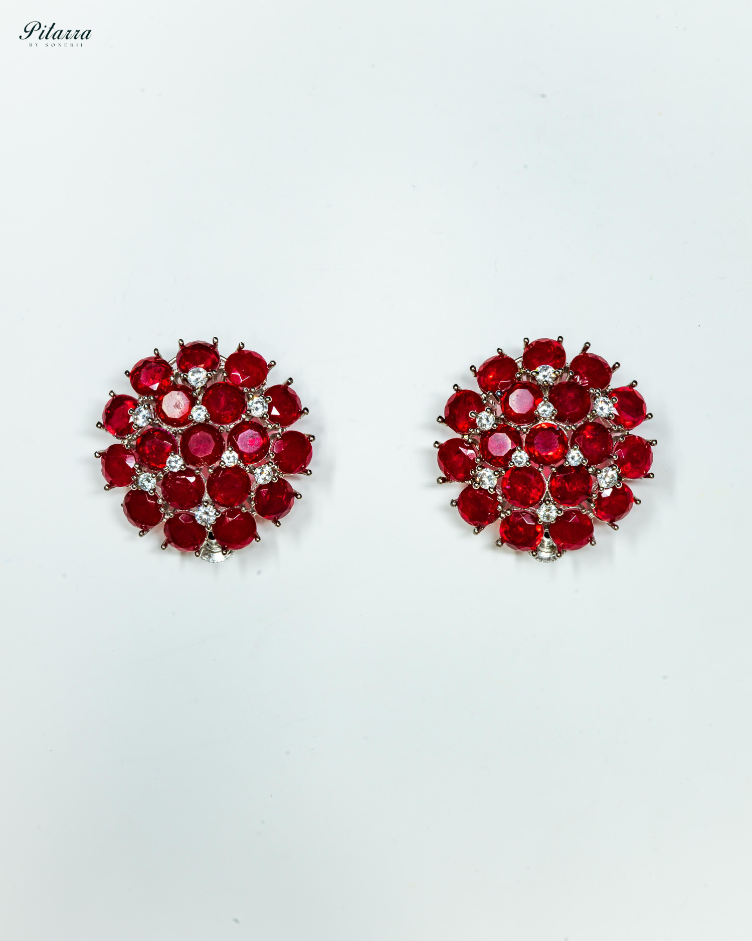 Red Stone Silver Crystal Stud Earrings