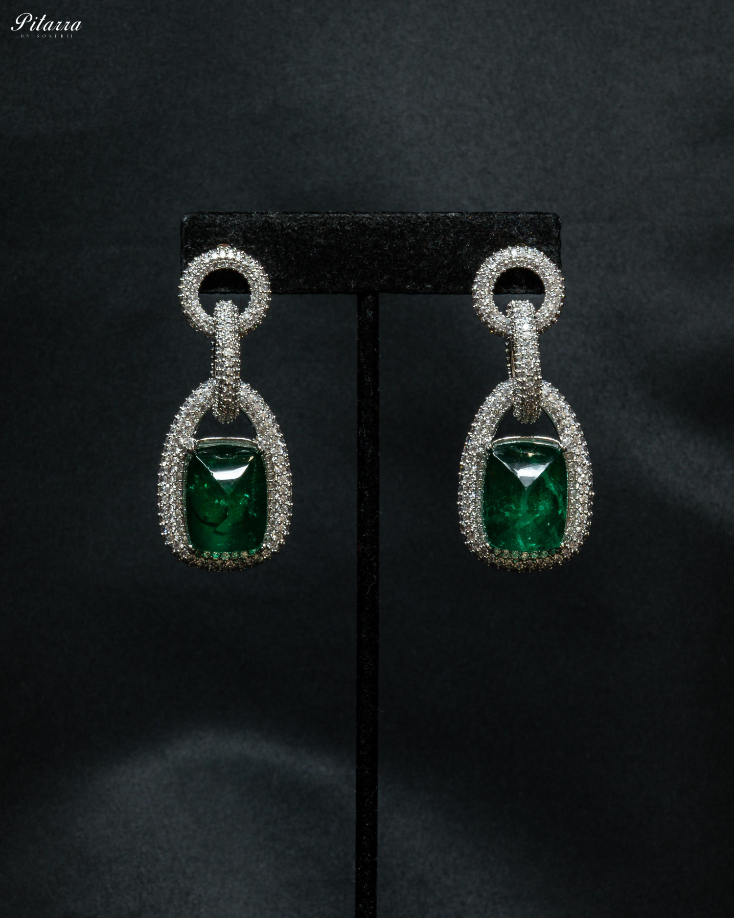 Emerald Stone Silver Chain CZ Necklace Set