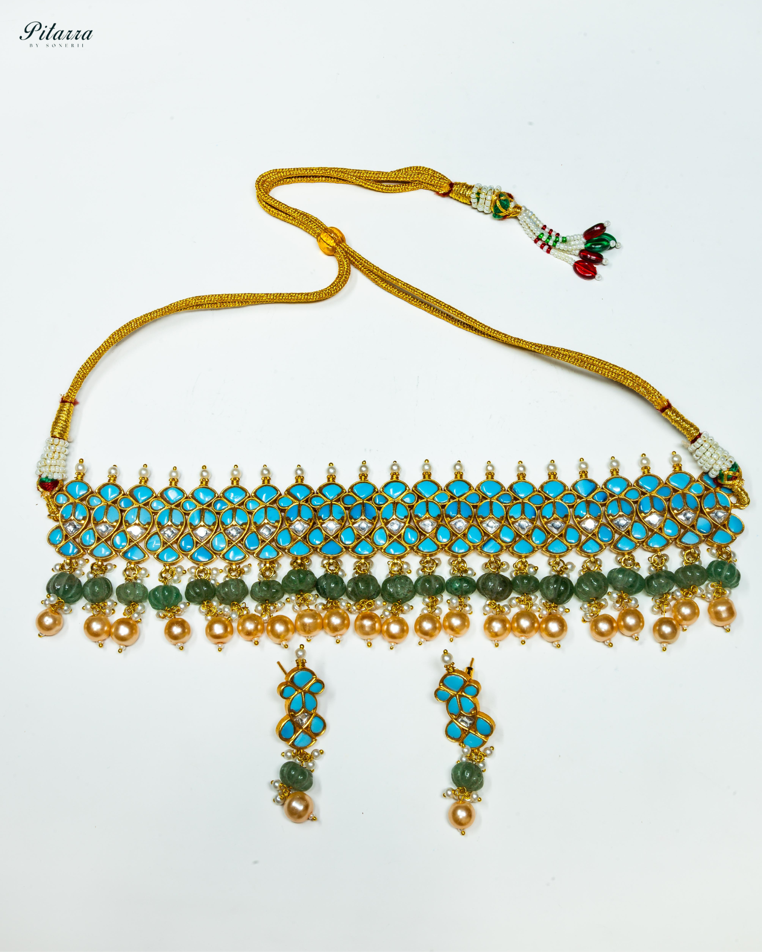 Turquoise Blue Stone Pearls Meenkari Kundan Choker Set