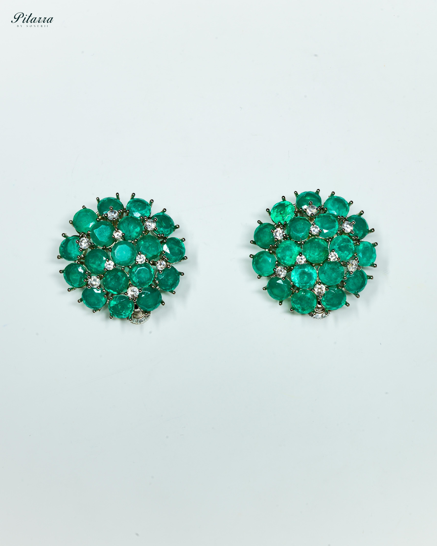 Green Stone Silver Crystal Stud Earrings