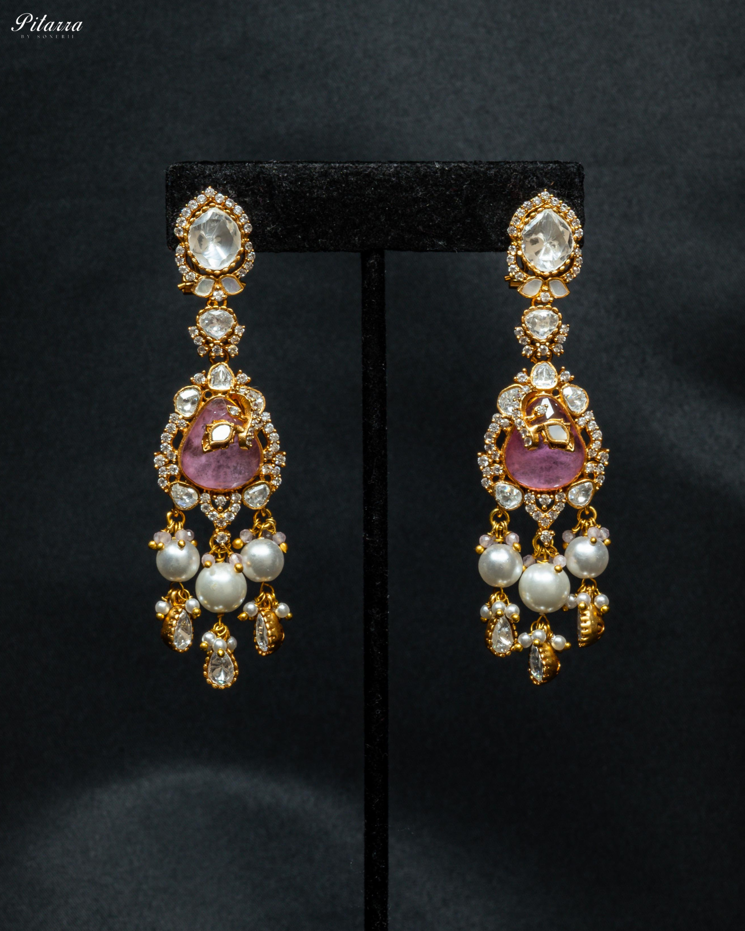 Pink Stone Gold Plated Beaded Traditional Necklace Set
