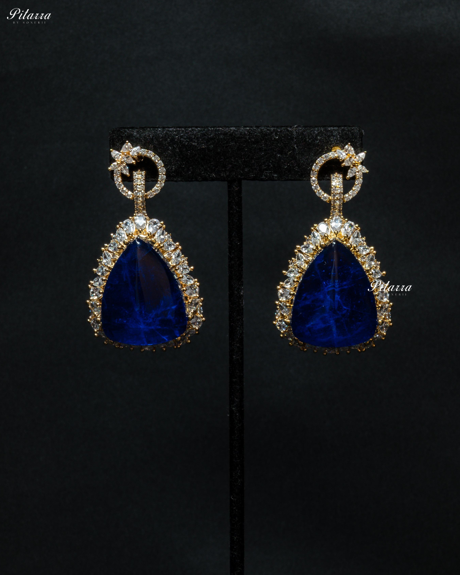 Golden Multilayered Navy Blue Stone Statement Pendant Chain Choker