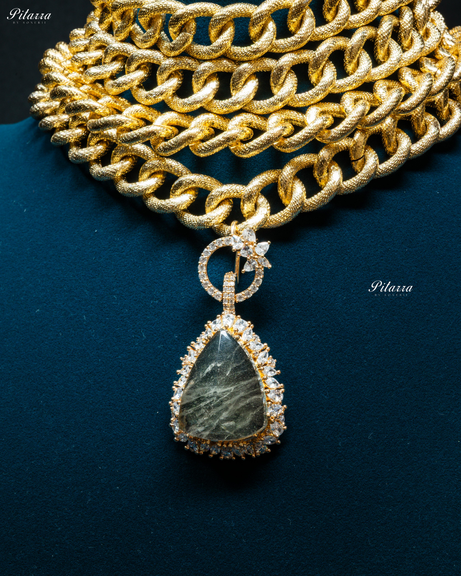 Golden Multilayered Grey Stone Statement Pendant Chain Choker