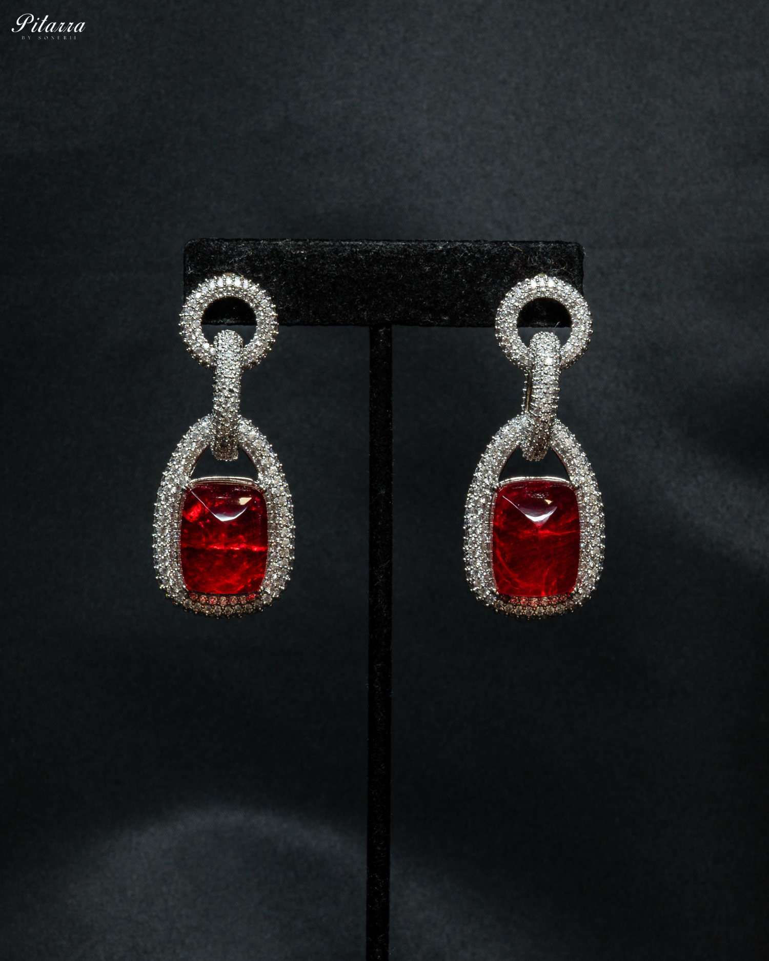 Red Stone Silver Chain CZ Necklace Set