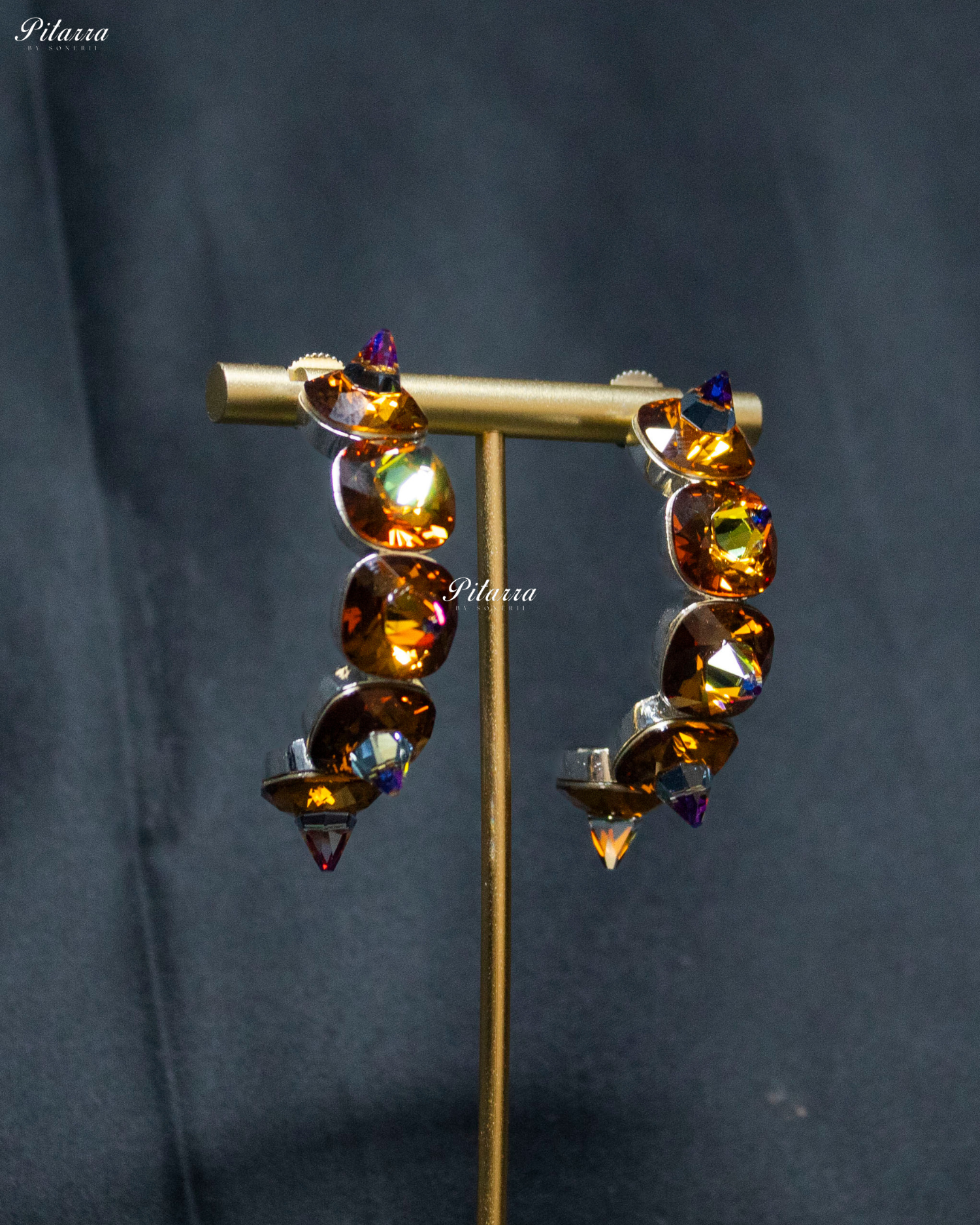 Gold Stone Pyramid Cut Crystal Dangle Earrings