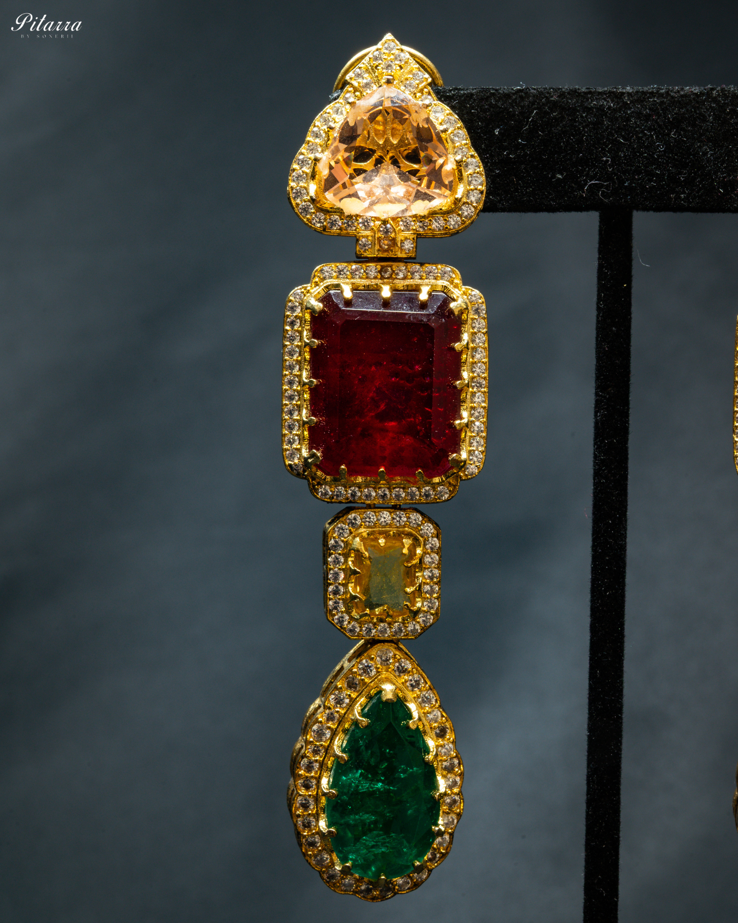 Green and Red Stone Long Doublet Earrings