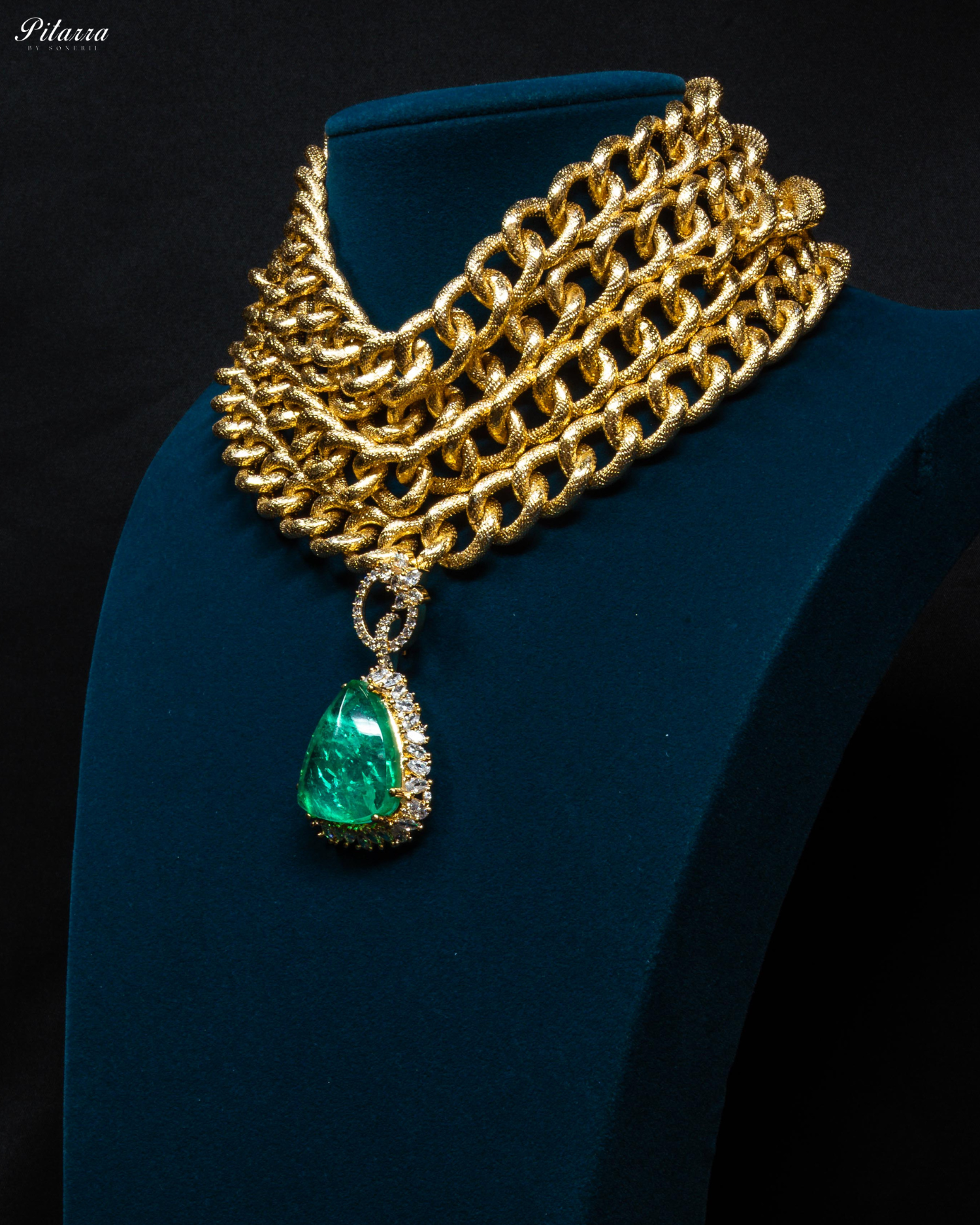 Golden Multilayered Green Stone Statement Pendant Chain Choker