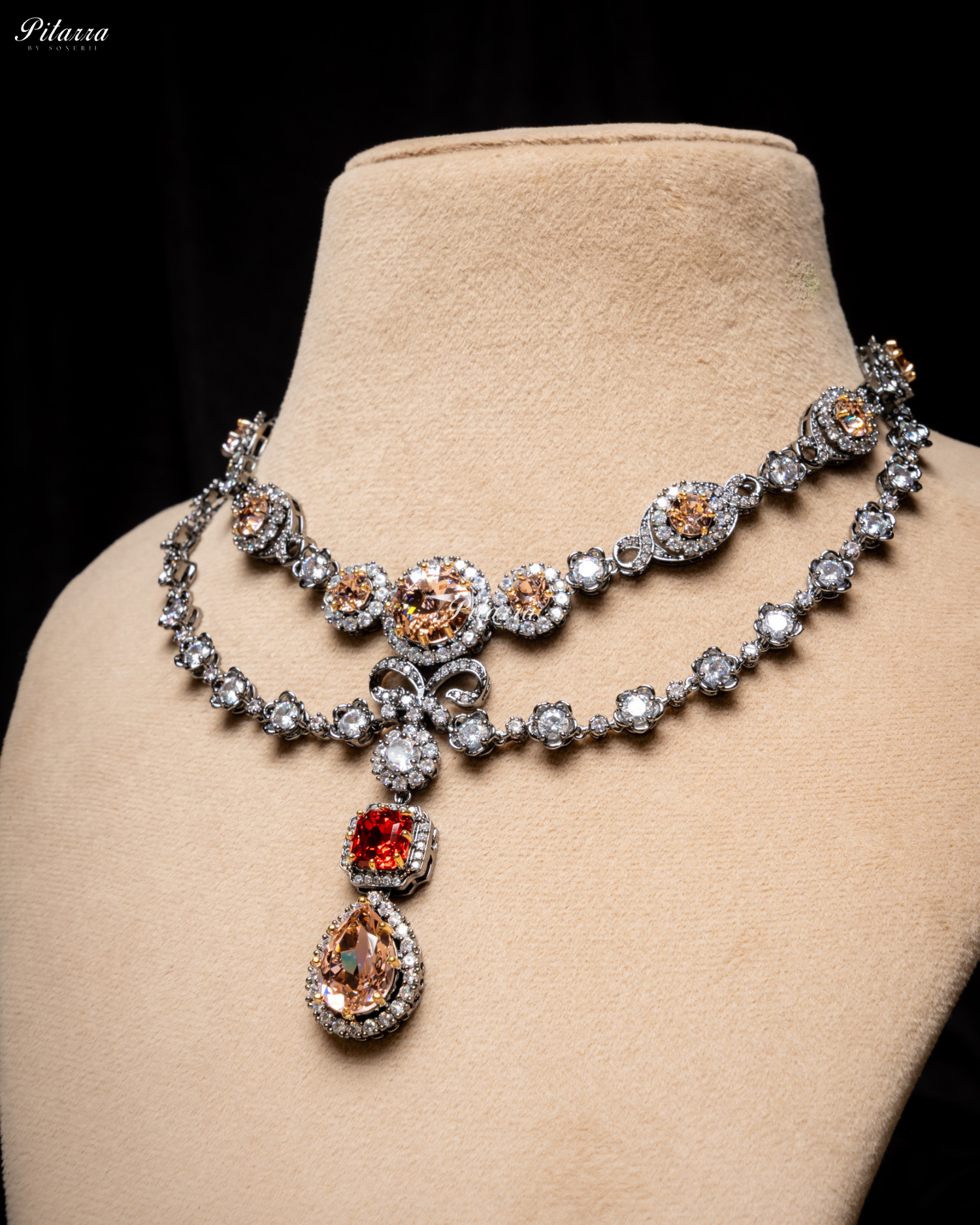 Multicolor Two Layer Silver CZ Necklace Set