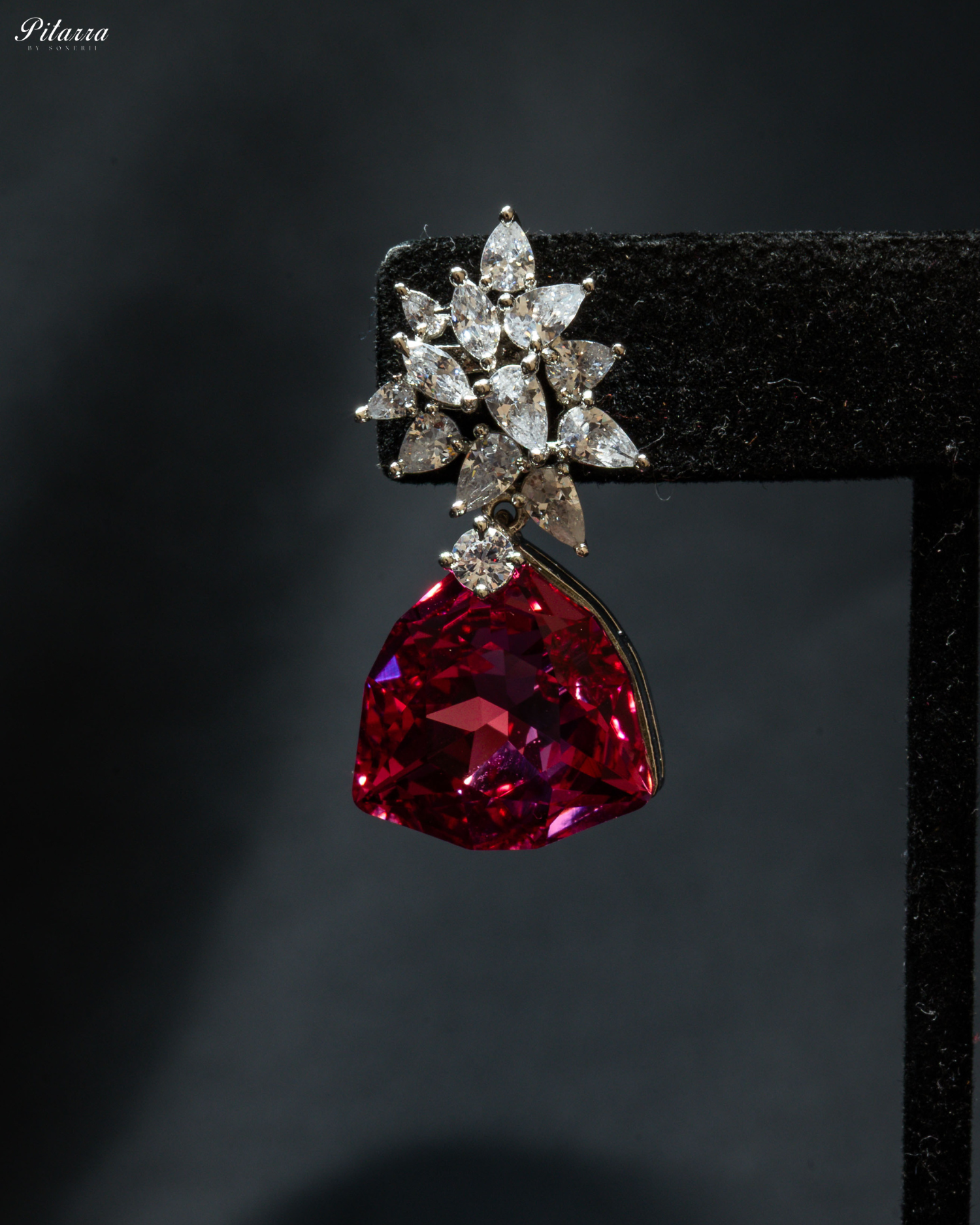 Red Stone Silver Floral CZ Stud Earrings