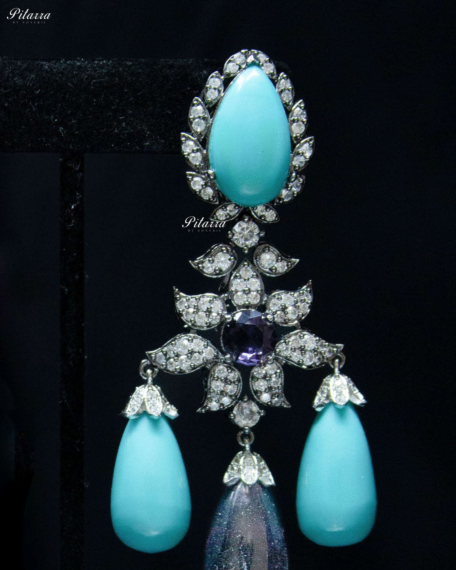 Blue Firoza and Amethyst Statement Crytsal Dangler Earrings