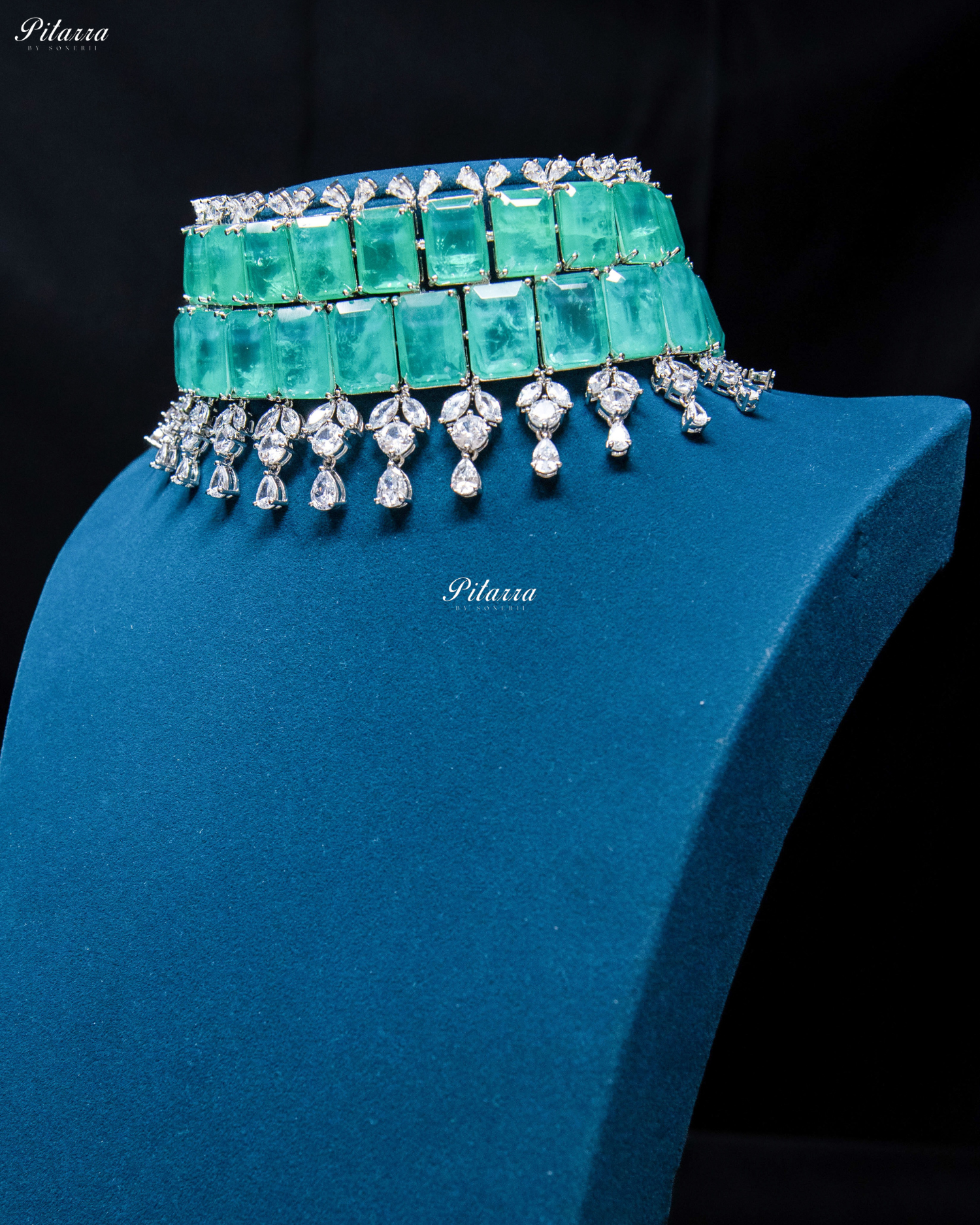 Square Sea Green Doublet Statement Choker Necklace Set