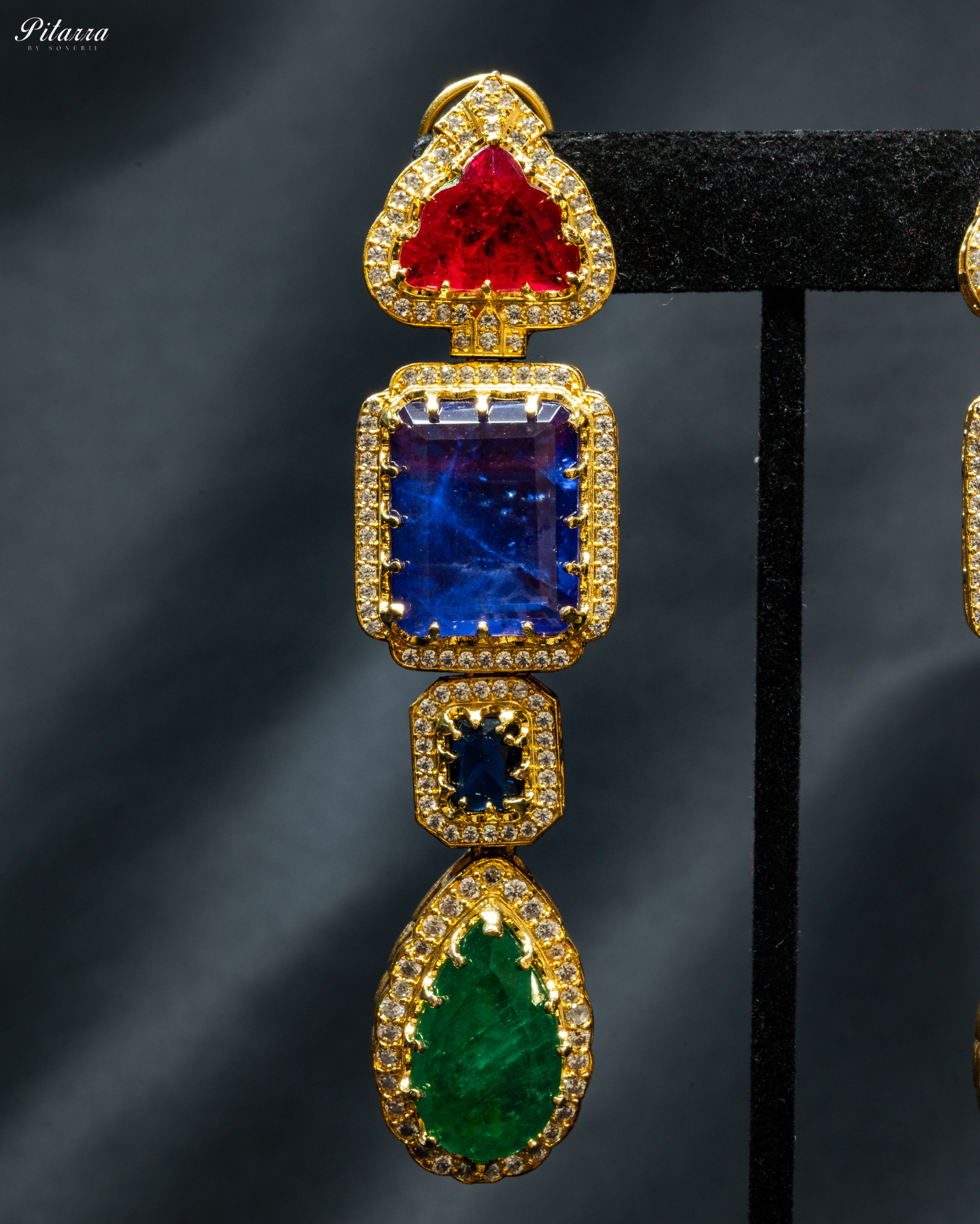 Blue and Green Stone Long Doublet Earrings