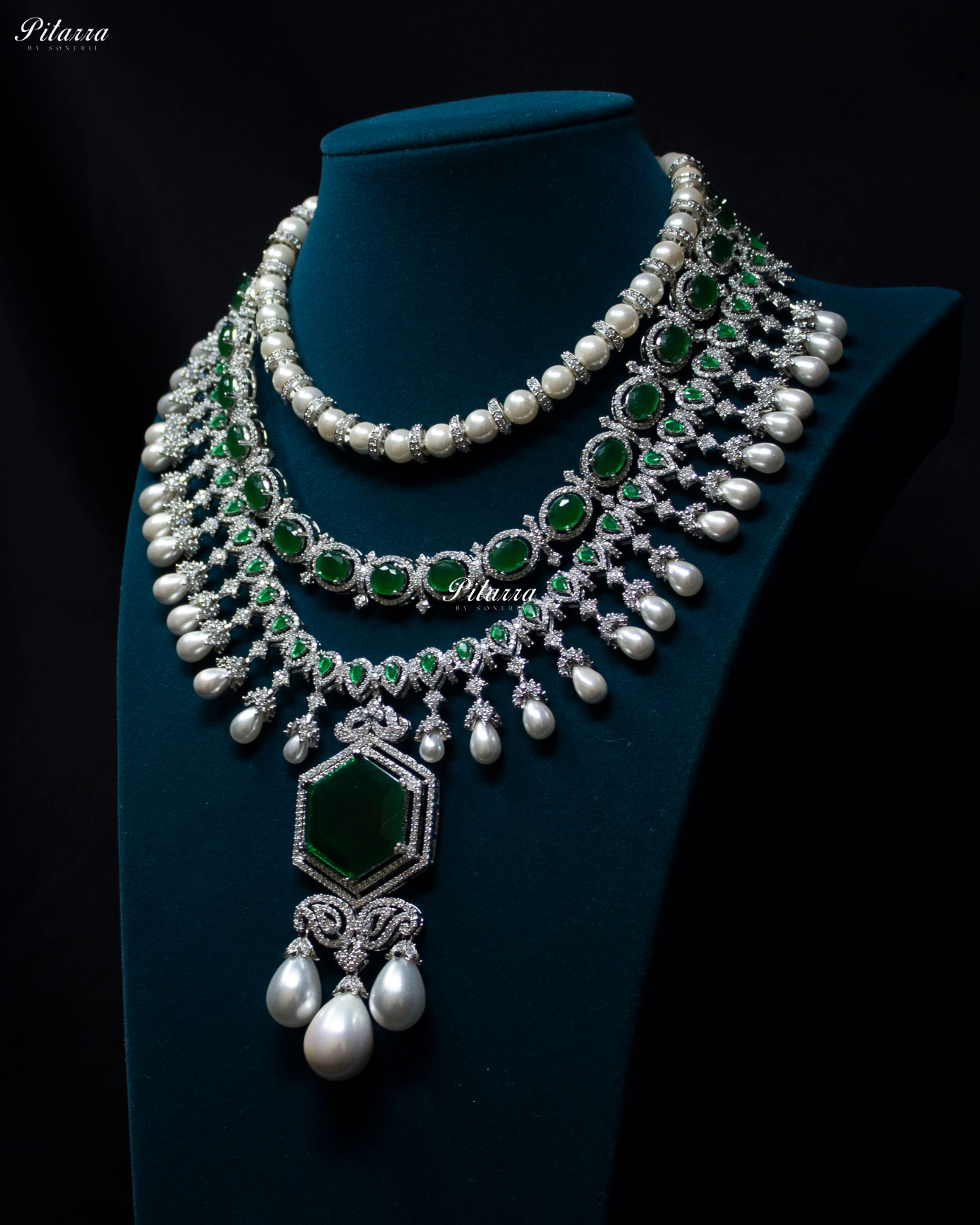Emerald Stone Multi Layered Pearl Long Necklace Set