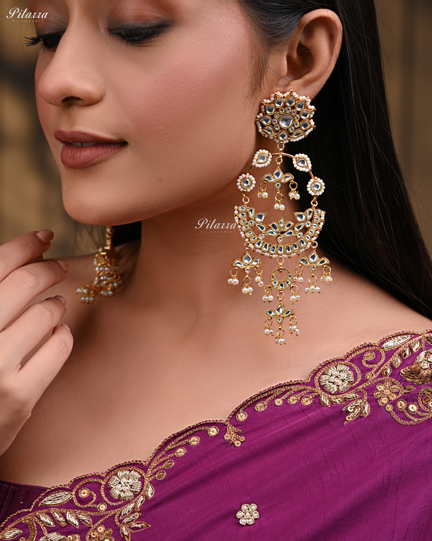 White Colour Gold Plated Kundan Chandbali Earrings
