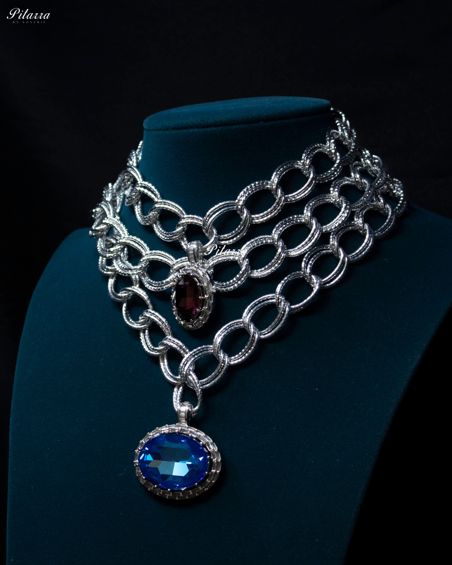 Blue Statement Pendant Silver Chain Crystal Choker Set