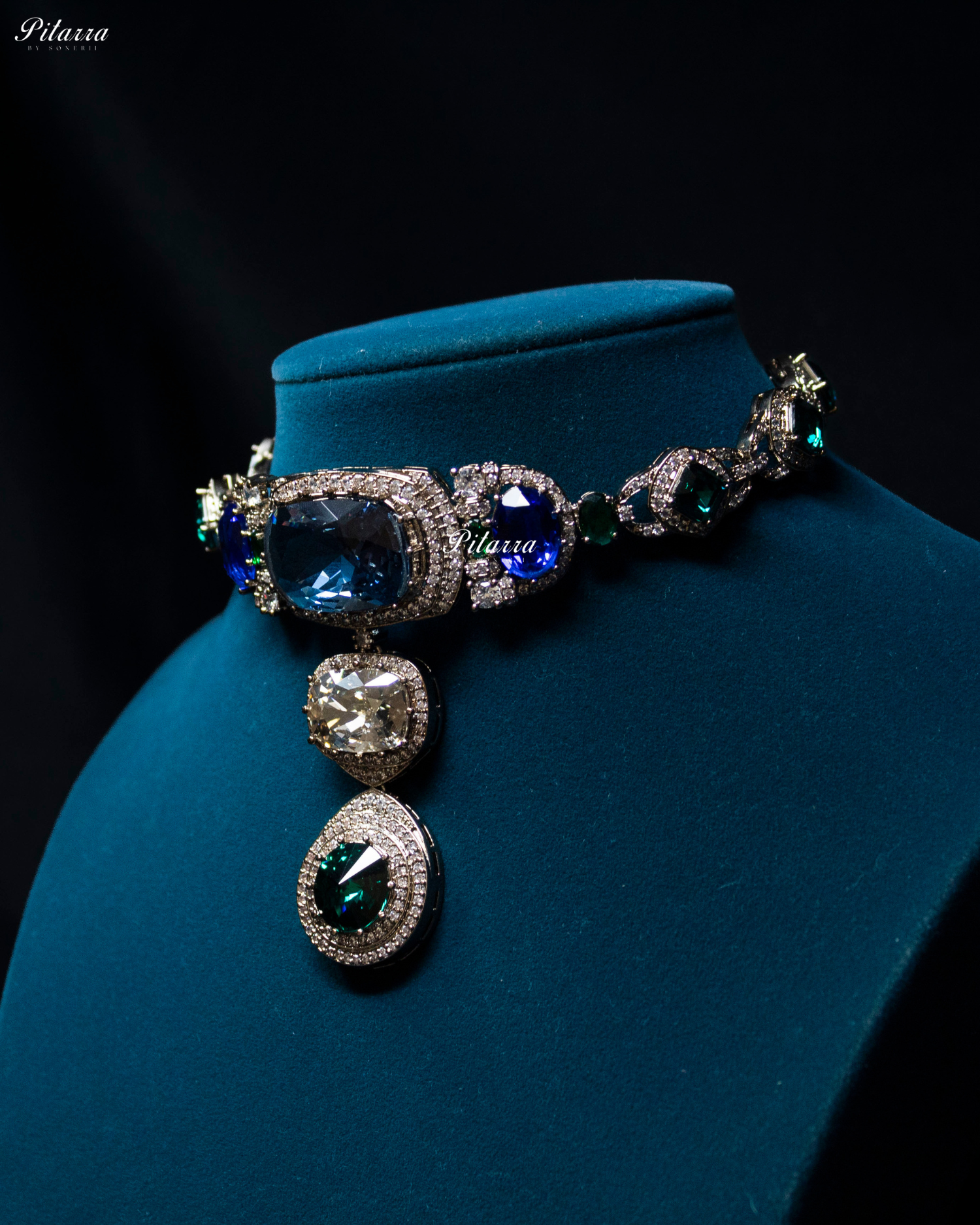 Sapphire Blue and Emerald Three Stone Crystal Choker Set