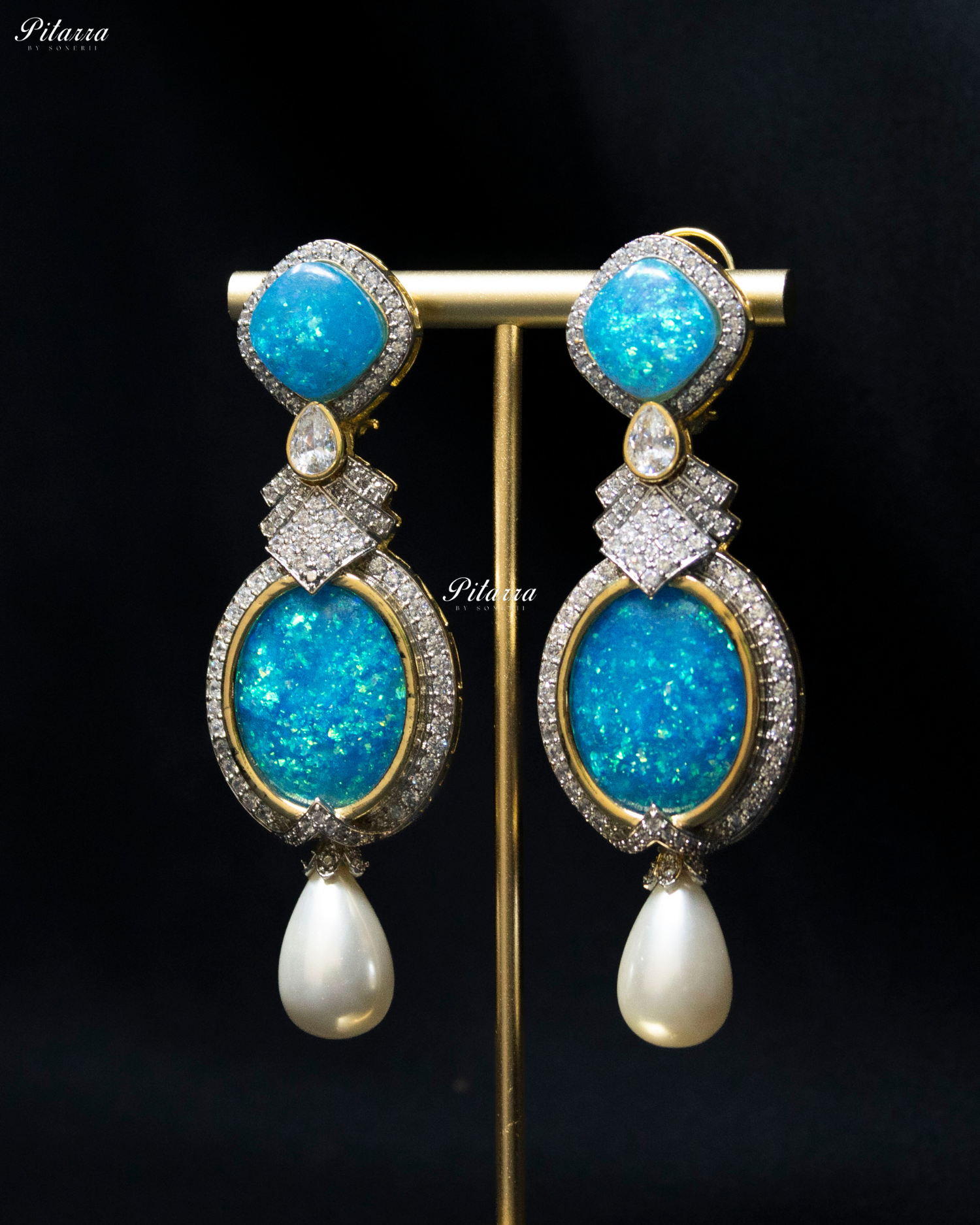 Ocean Blue Pearl Stone Silver CZ Dangler Earrings