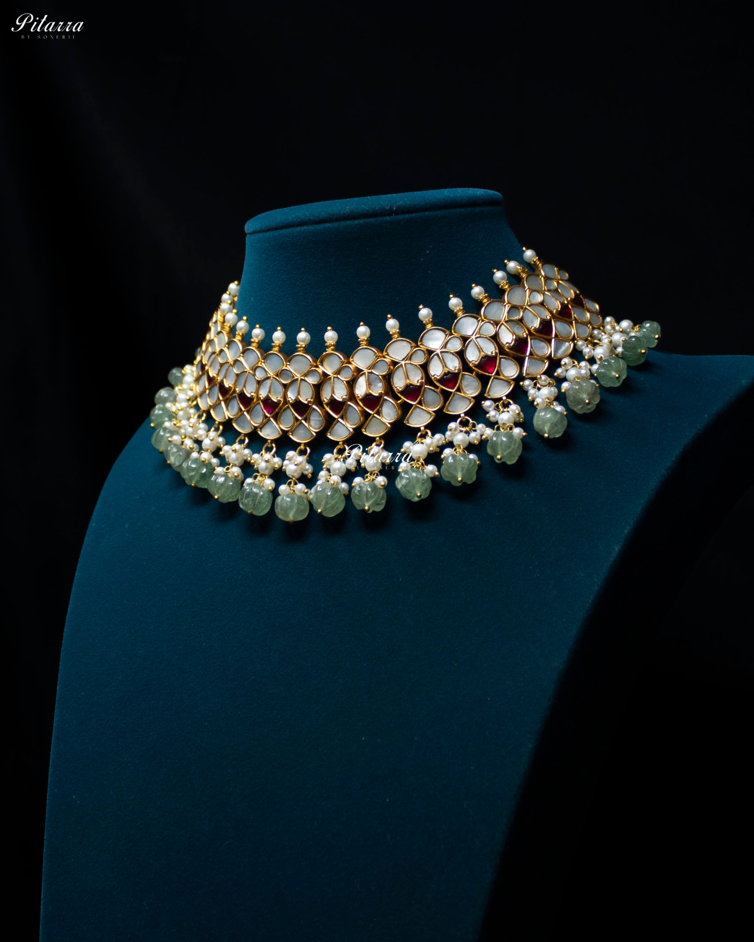 Green Beads Pink Line Traditional Kundan Choker Set