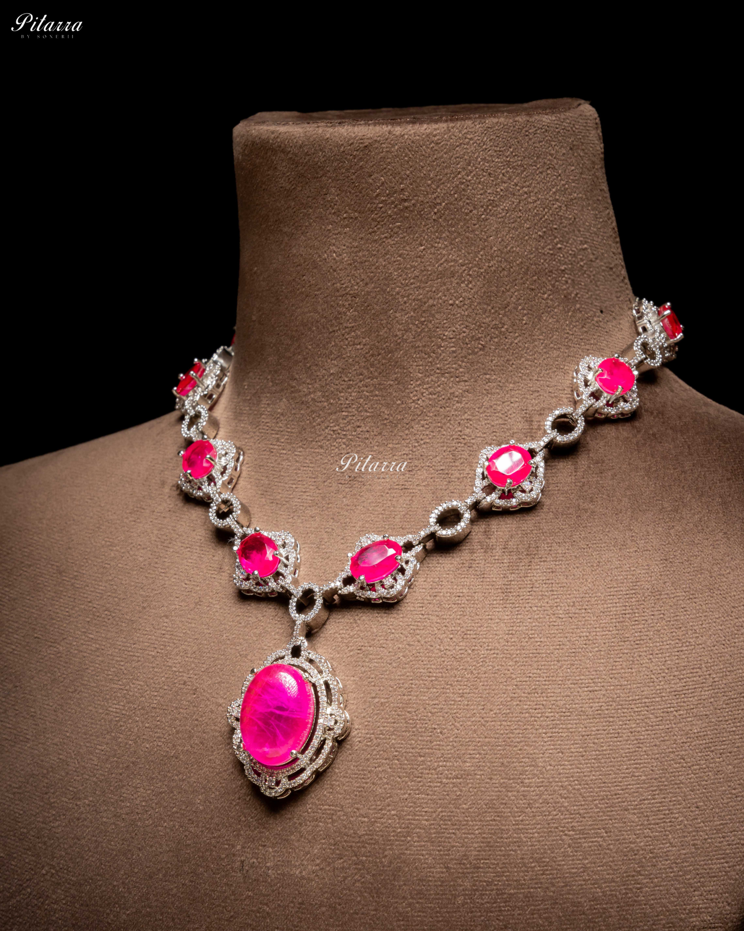 Pink Stone Silver Finish Tone Crystal Necklace Set