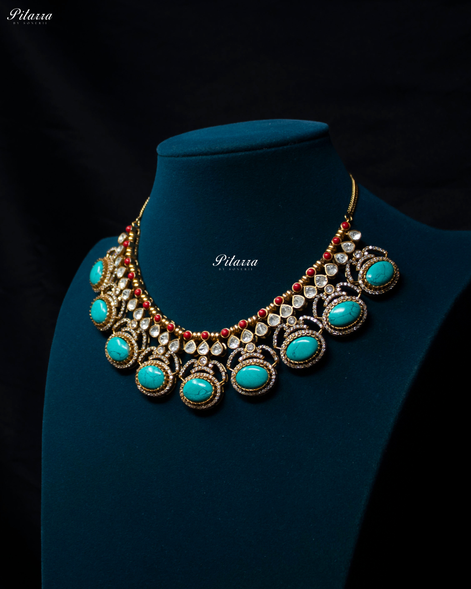 Pitarra Turquoise Blue Stones Moissanite Kundan Necklace Set