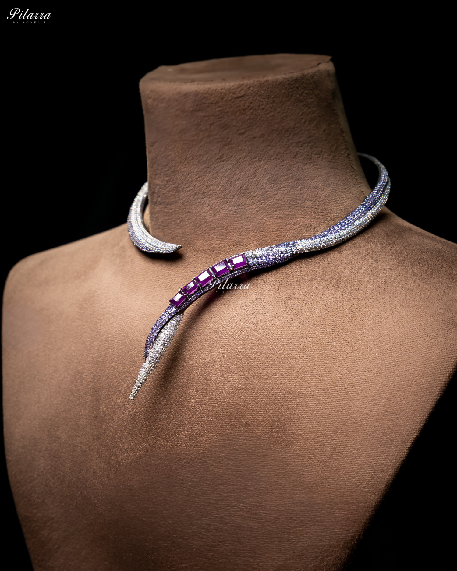 Purple Stone Sleek CZ Choker Statement Necklace Set