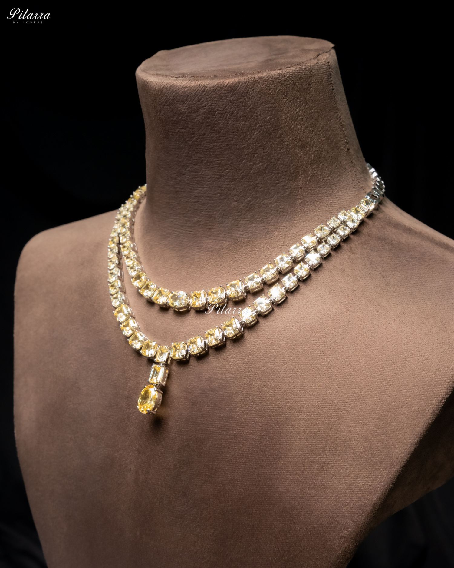 Yellow Two Layer Square Drop Statement Necklace Set