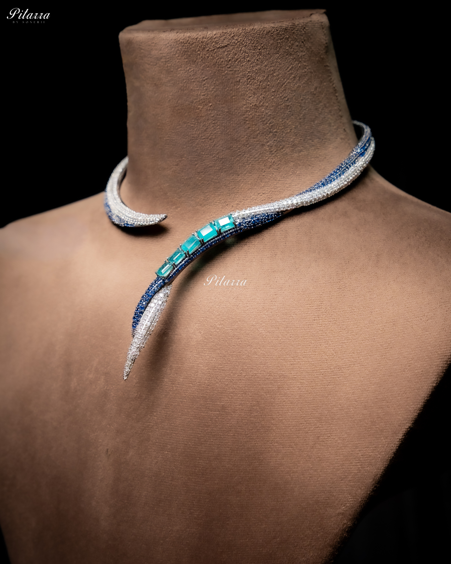 Aqua Stone Sleek CZ Choker Statement Necklace Set