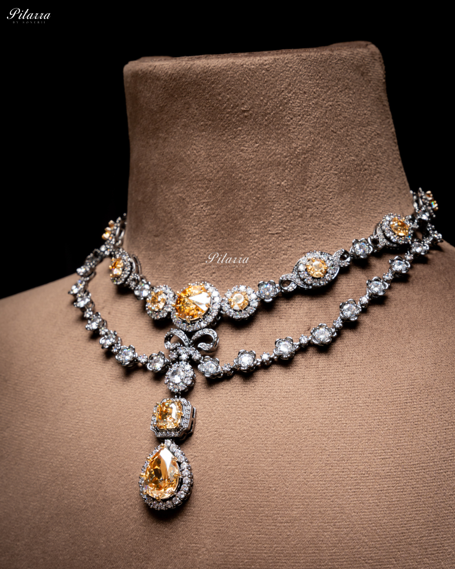 Yellow Two Layer Silver CZ Necklace Set