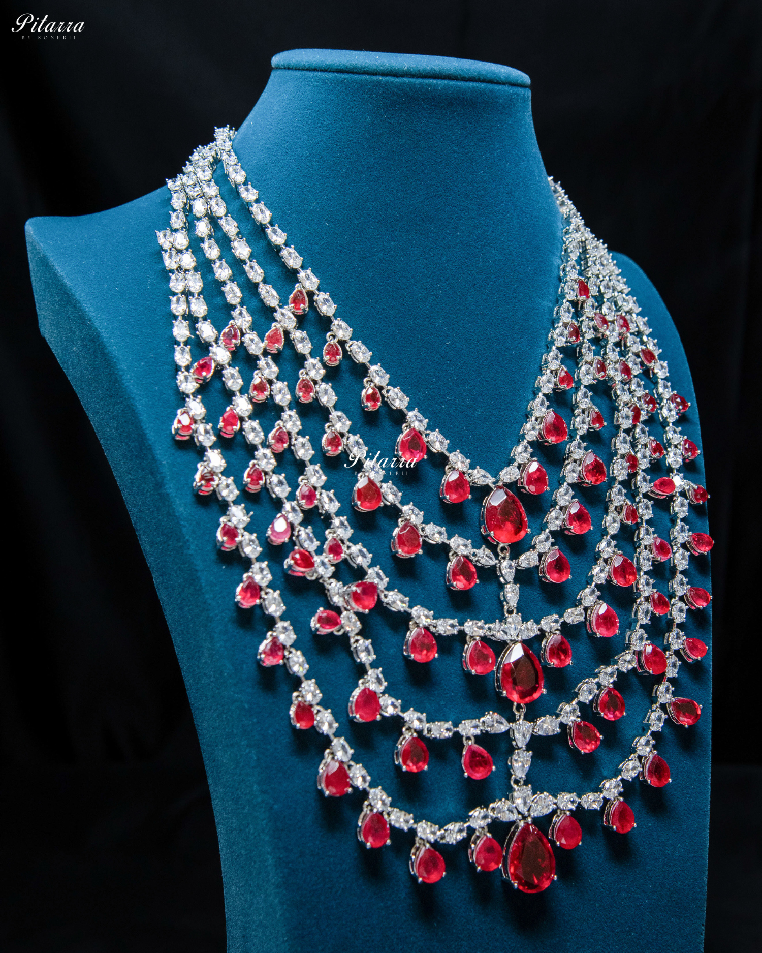 Five Layer Red CZ Stone Studded Crystal Necklace Set