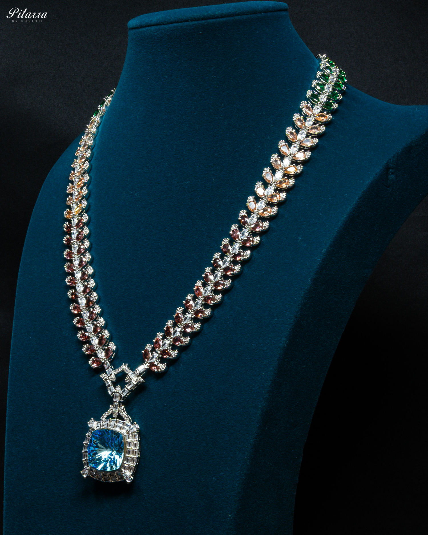 Multicolor Finish Blue Stone Zircon Long Necklace Set