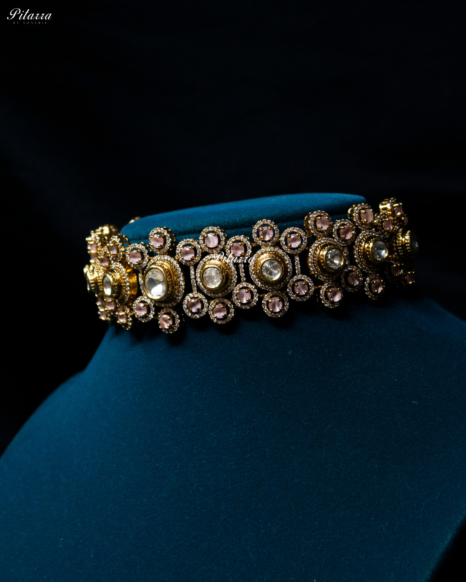 Pink Stone Gold Finish Moissanite Kundan Choker Set