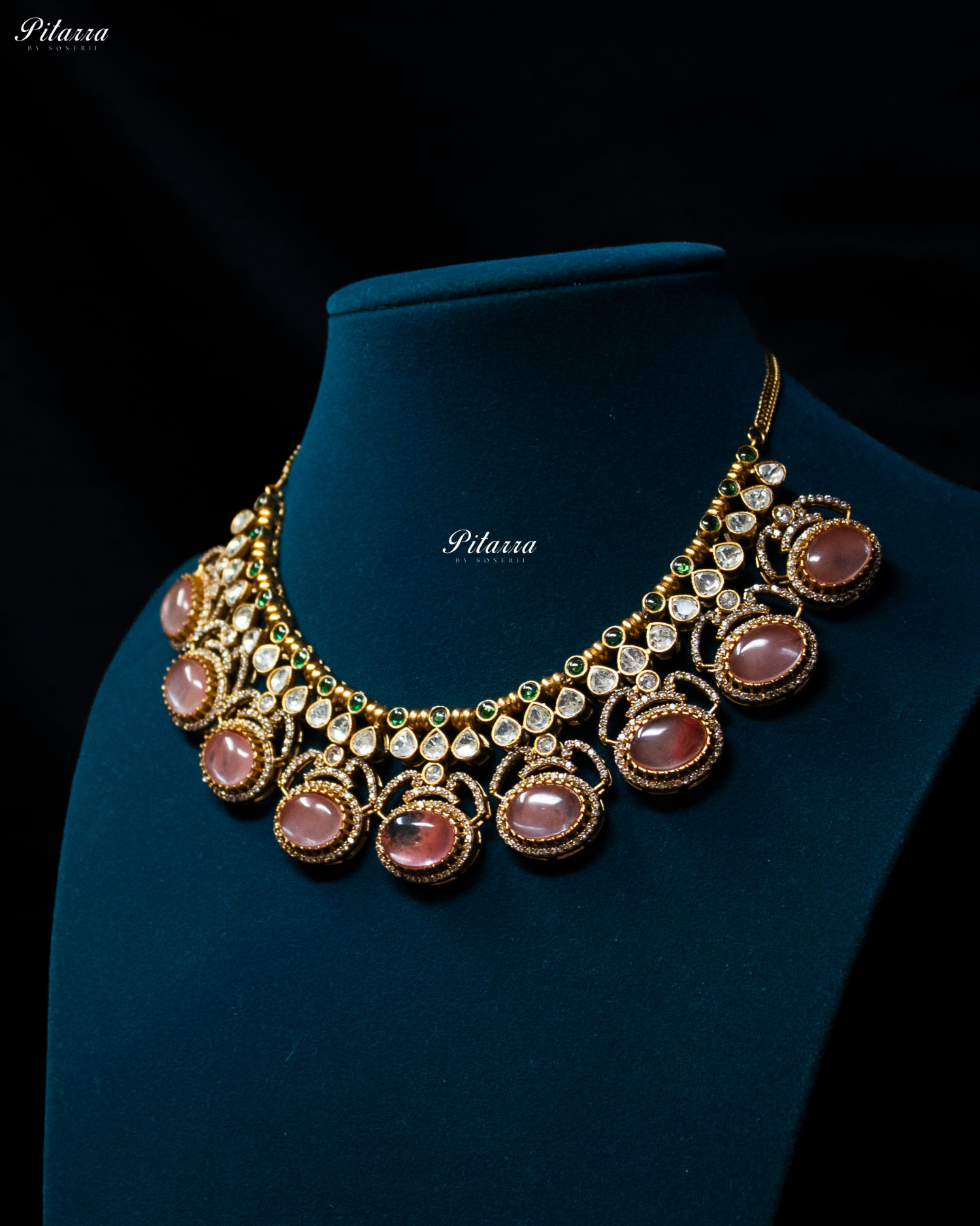 Pitarra Pink Stones Moissanite Kundan Necklace Set