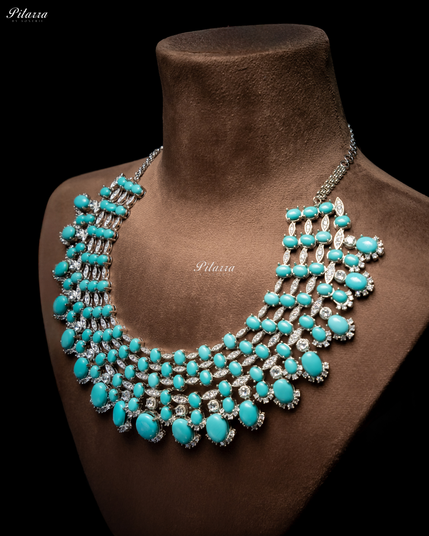 Turquiose Blue Stone Silver Multi Layer CZ Necklace Set