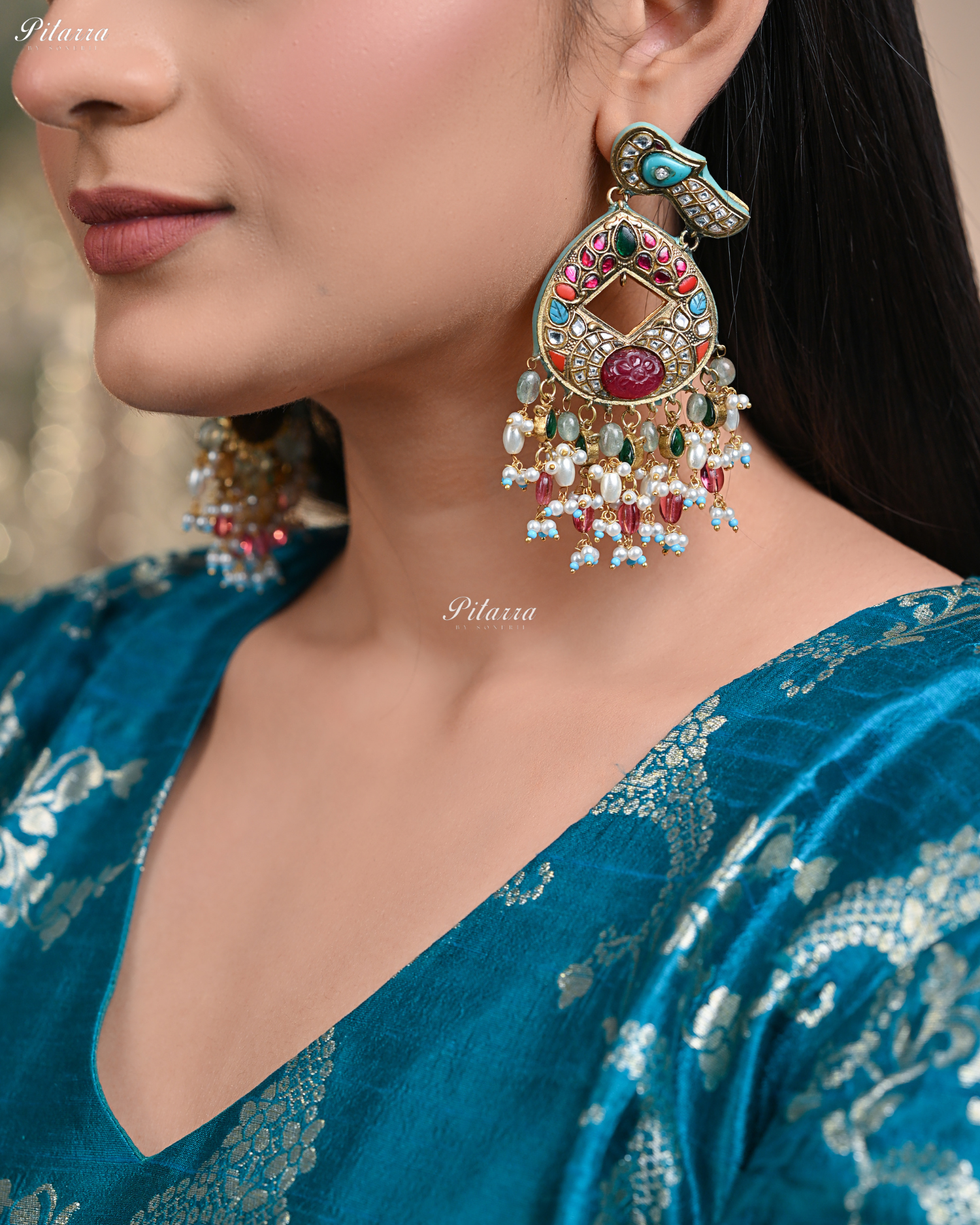 Bird Multicolor Kundan Jadau Chandbaali Earrings