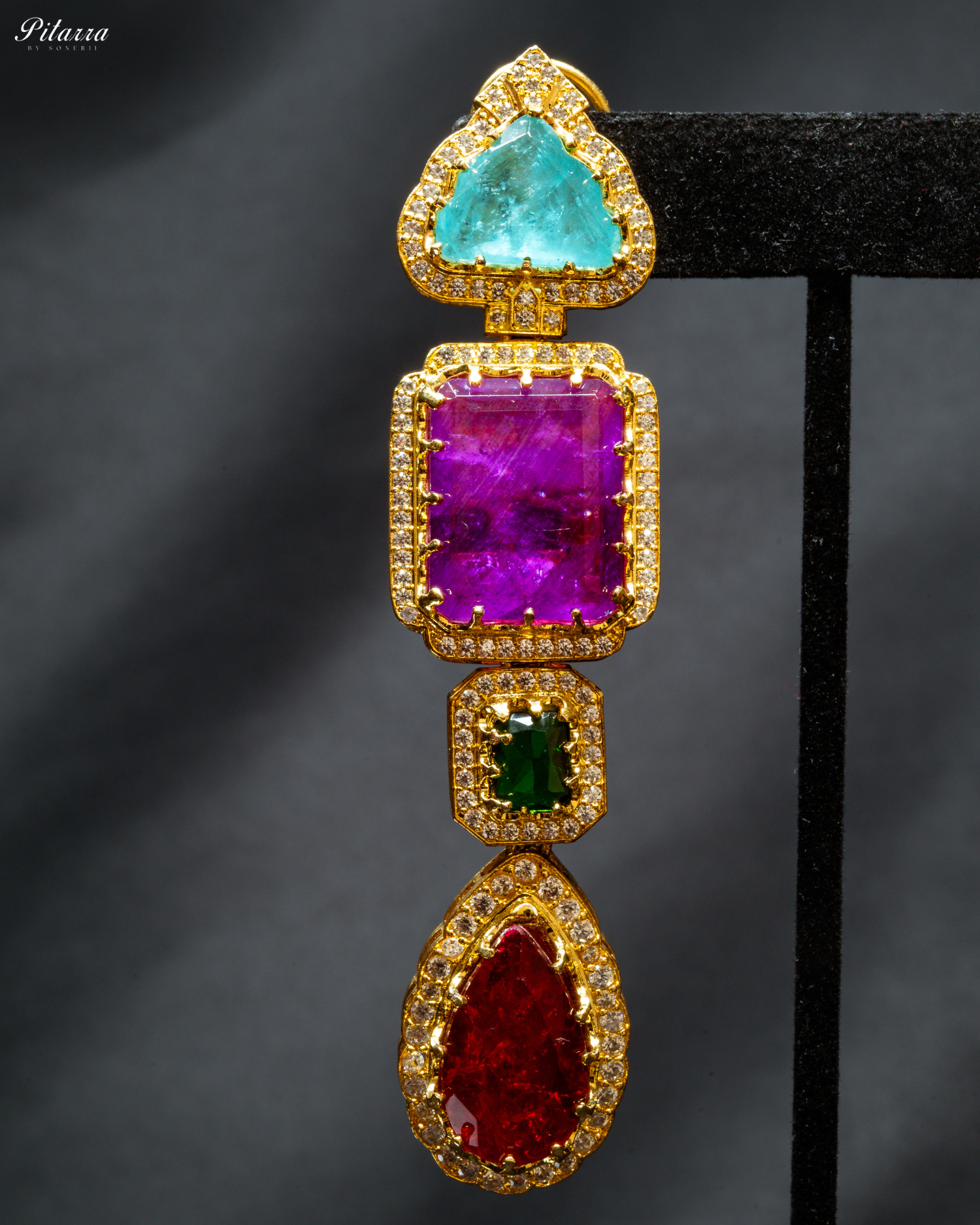 Purple and Red Stone Long Doublet Earrings