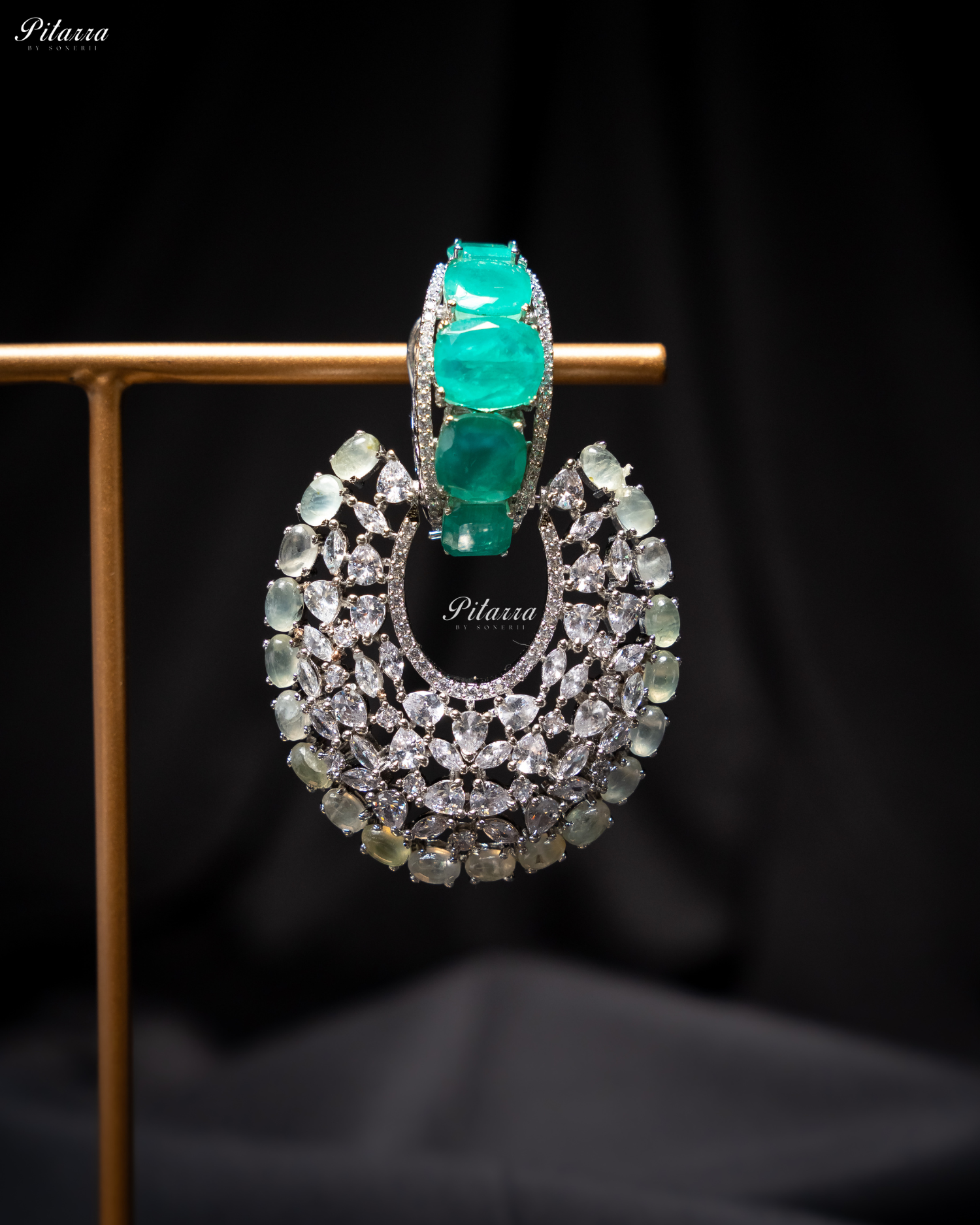 Green Stone White Layer Cubic Zirconia Dangler Earrings