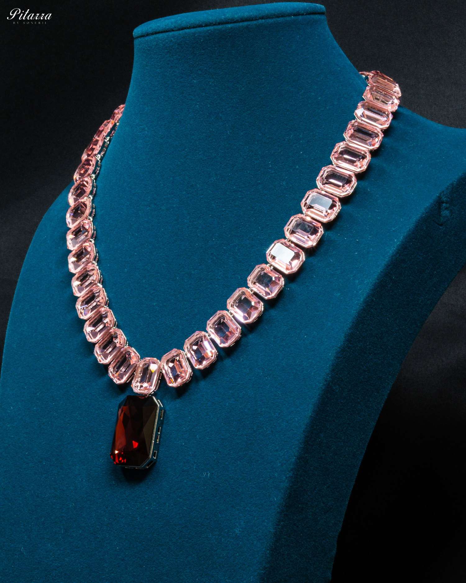Red Stone Square Pinkish Crystal Necklace Set