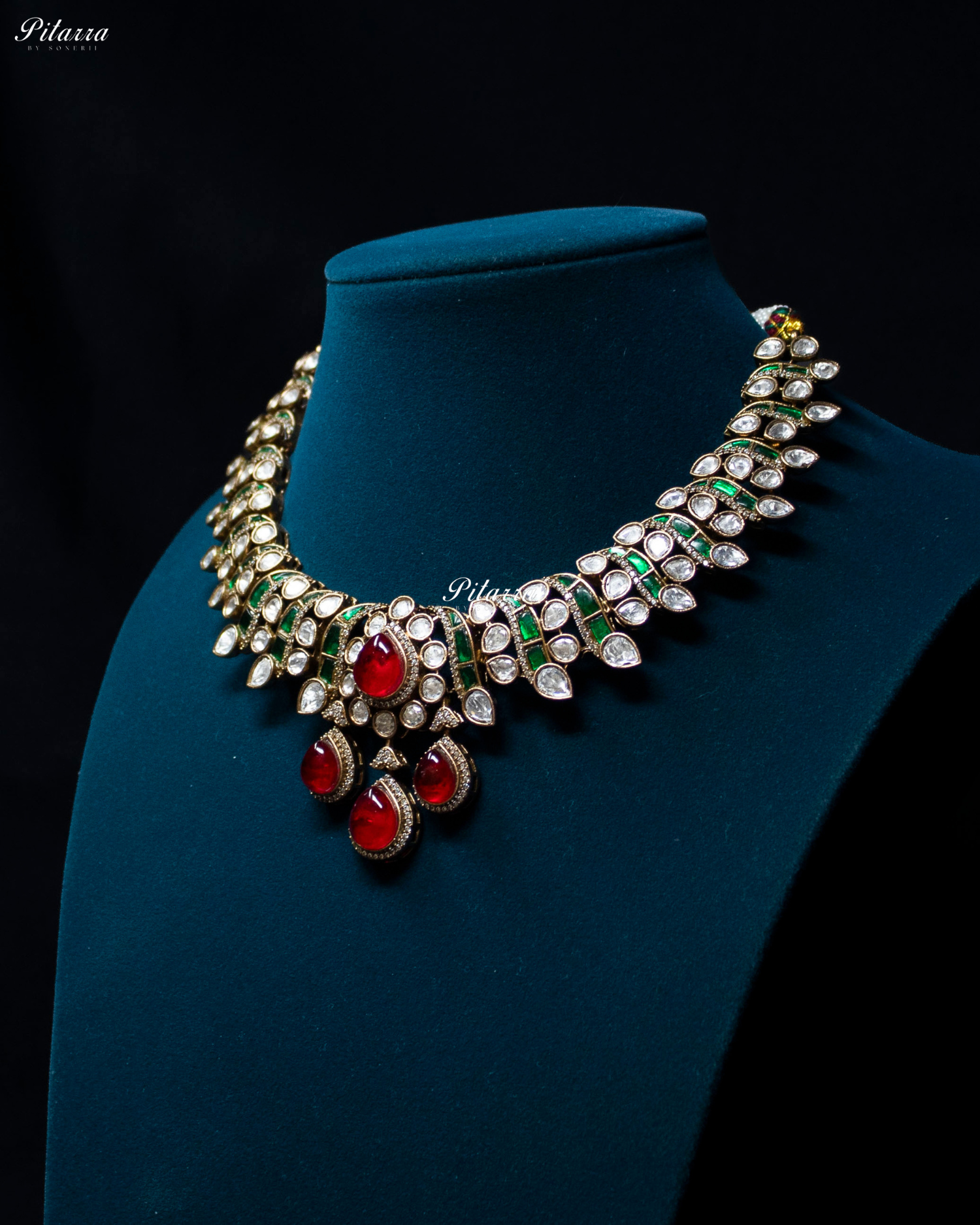 Red Drop Emerald Line Victorian Polki Kundan Necklace Set
